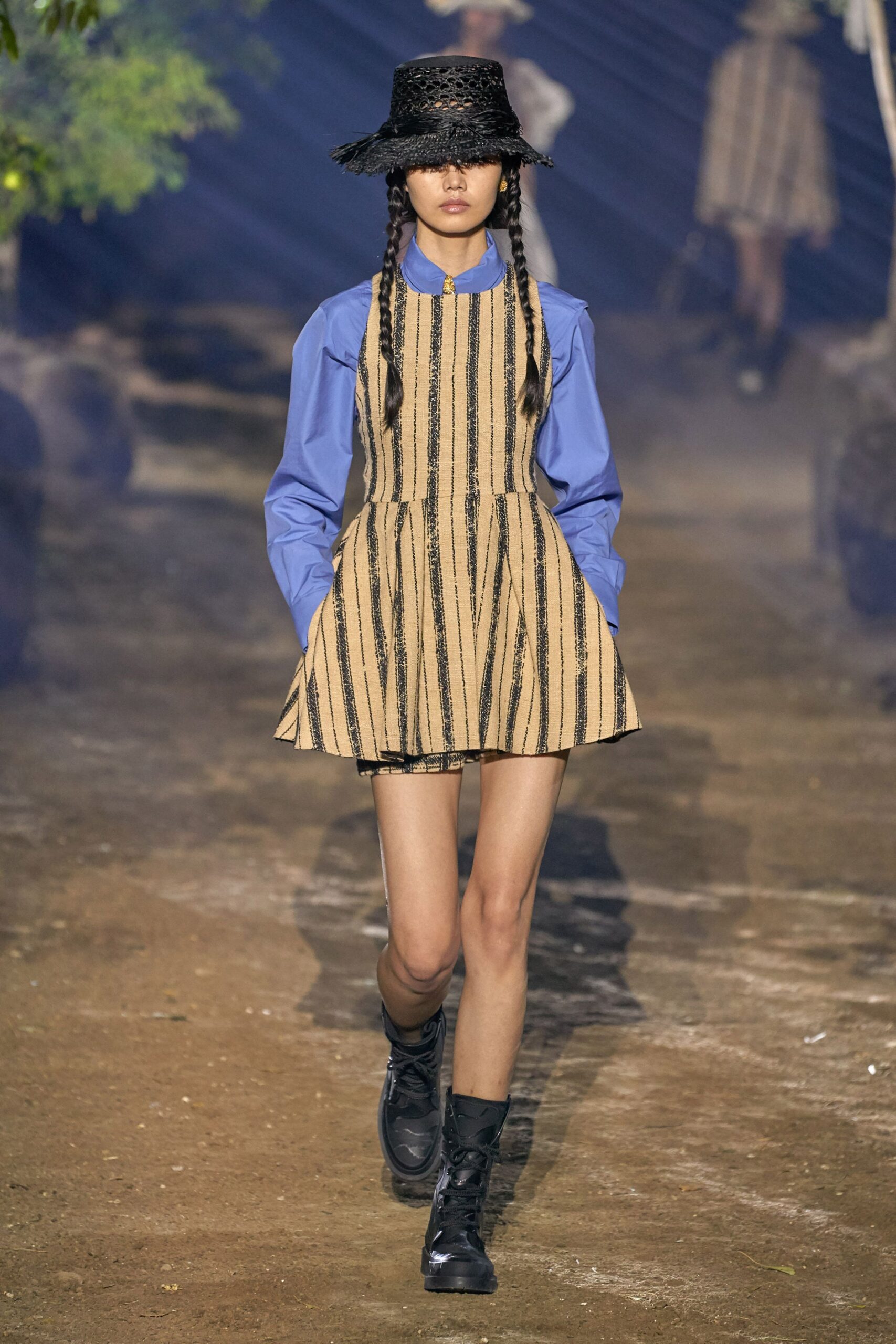 striped mini dress with blue shirt