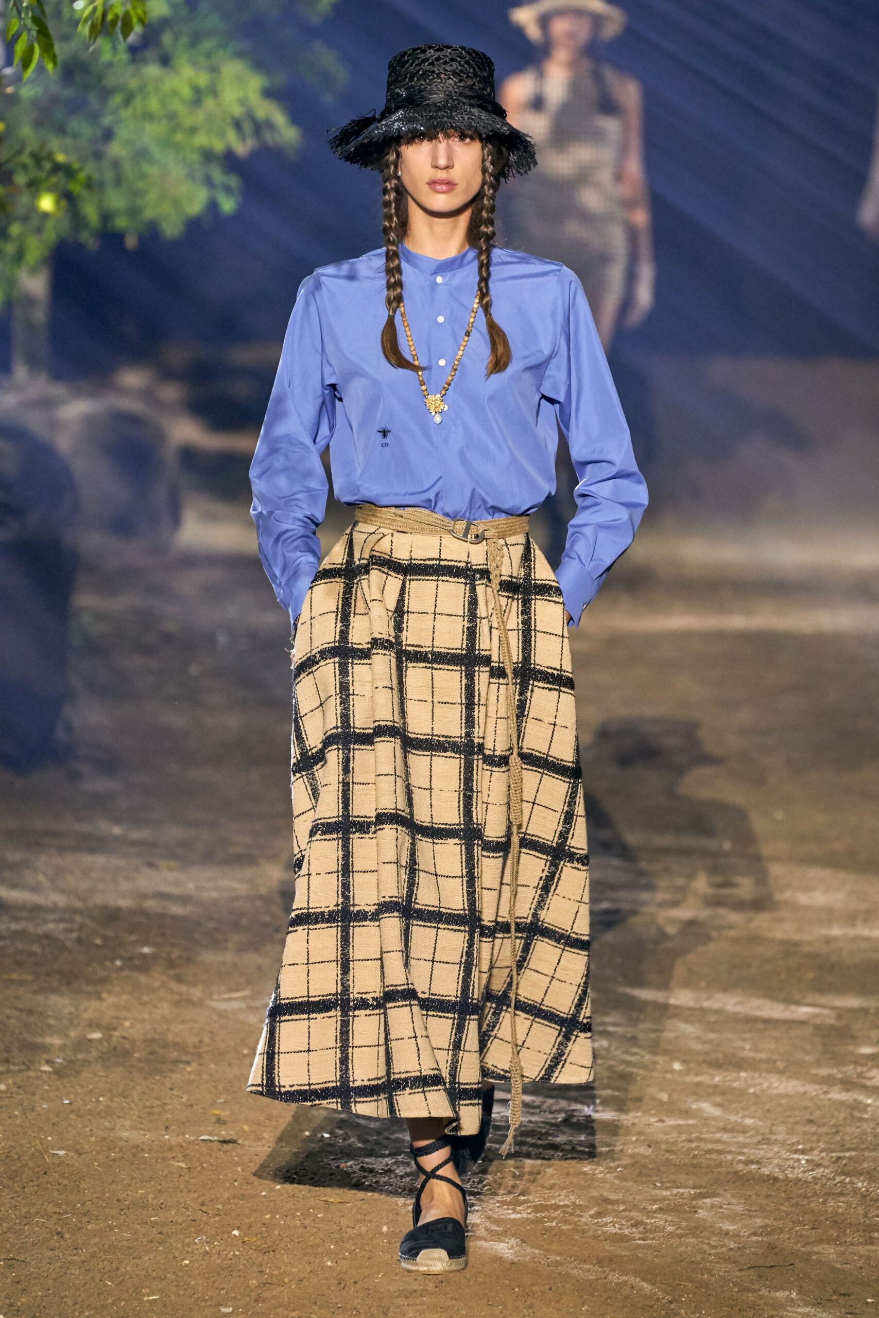 blue cotton shirt with checked maxi skirt