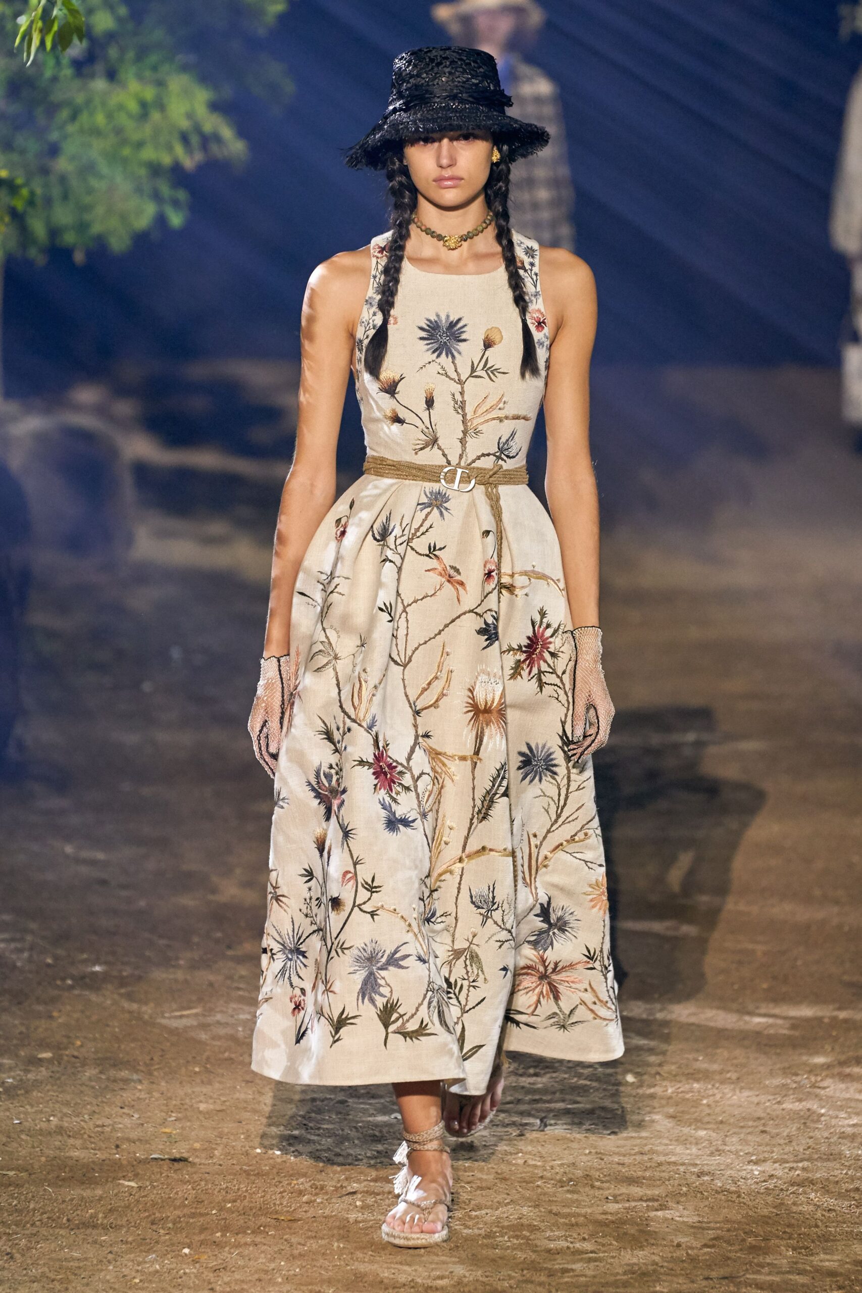 beige embroidered maxi dress with hat