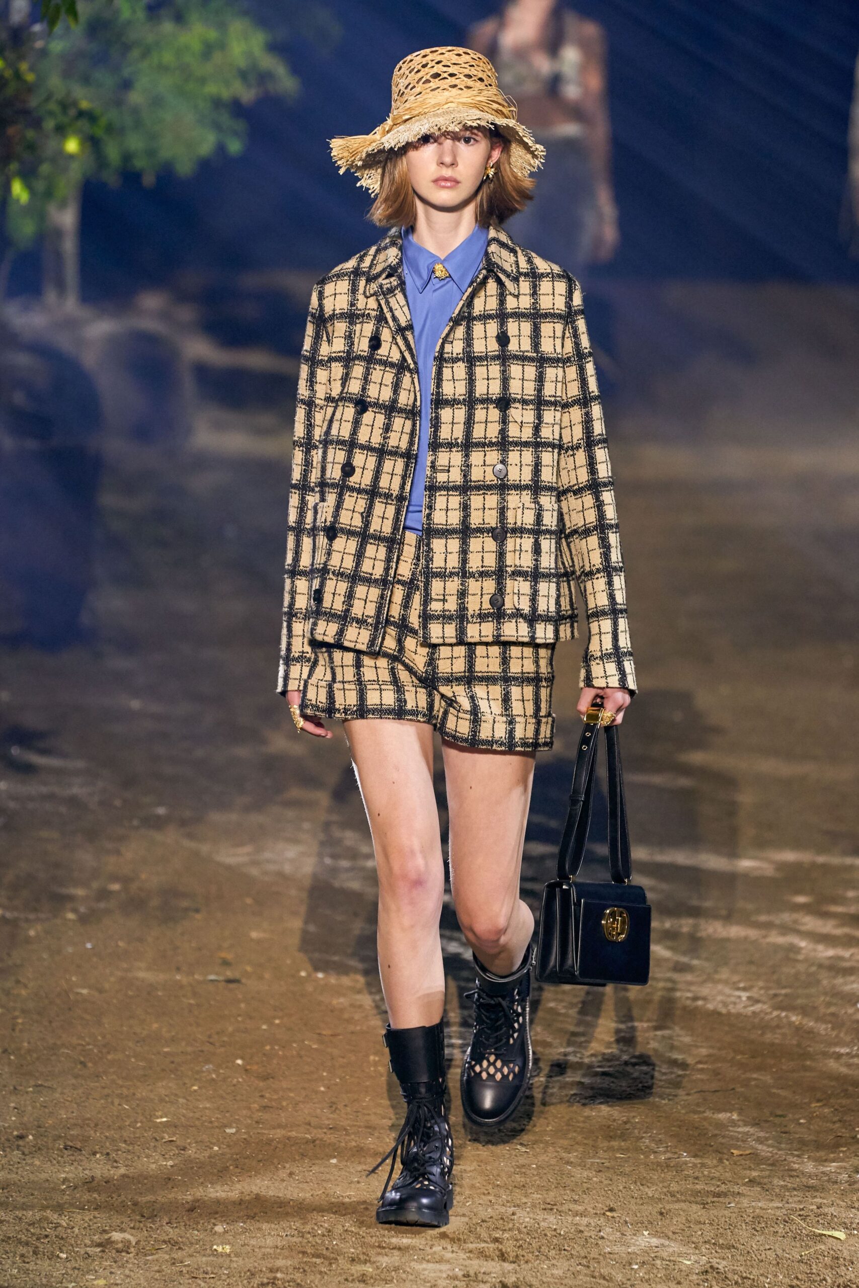 beige checked blazer with shorts