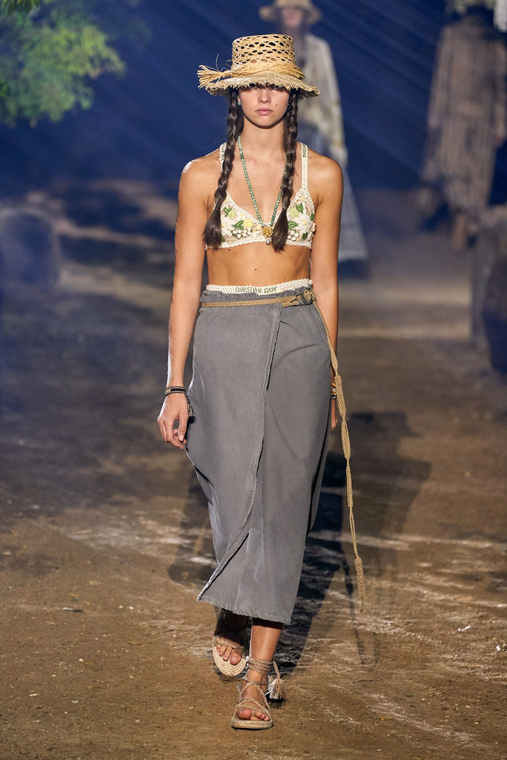 floral crop-top with gray skirt