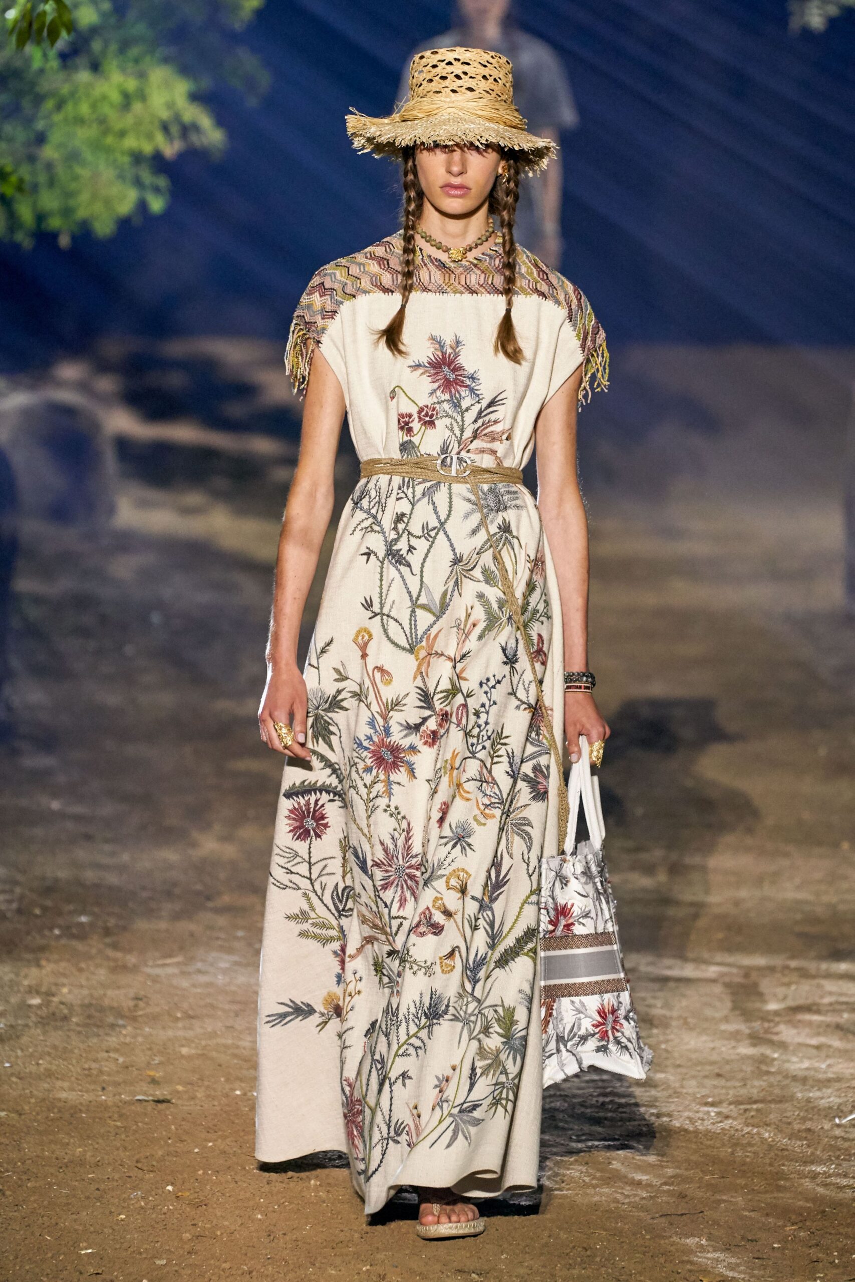 beige embroidered maxi dress with straw hat