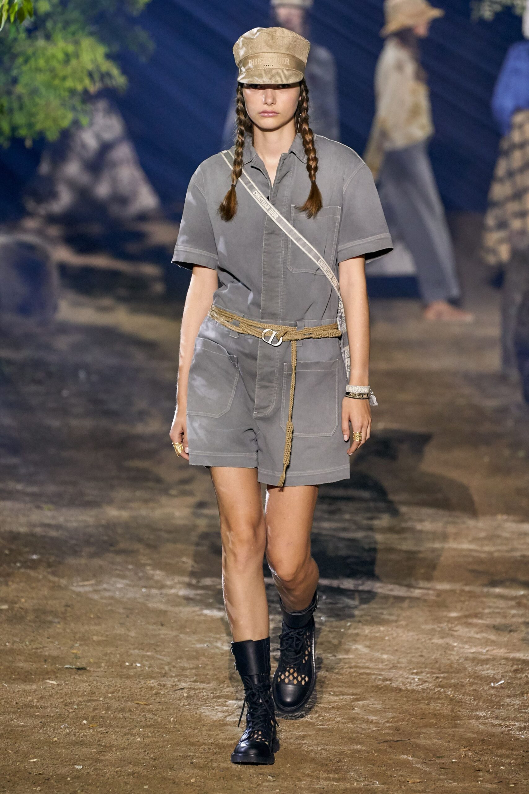 gray cotton jumpsuit with boots