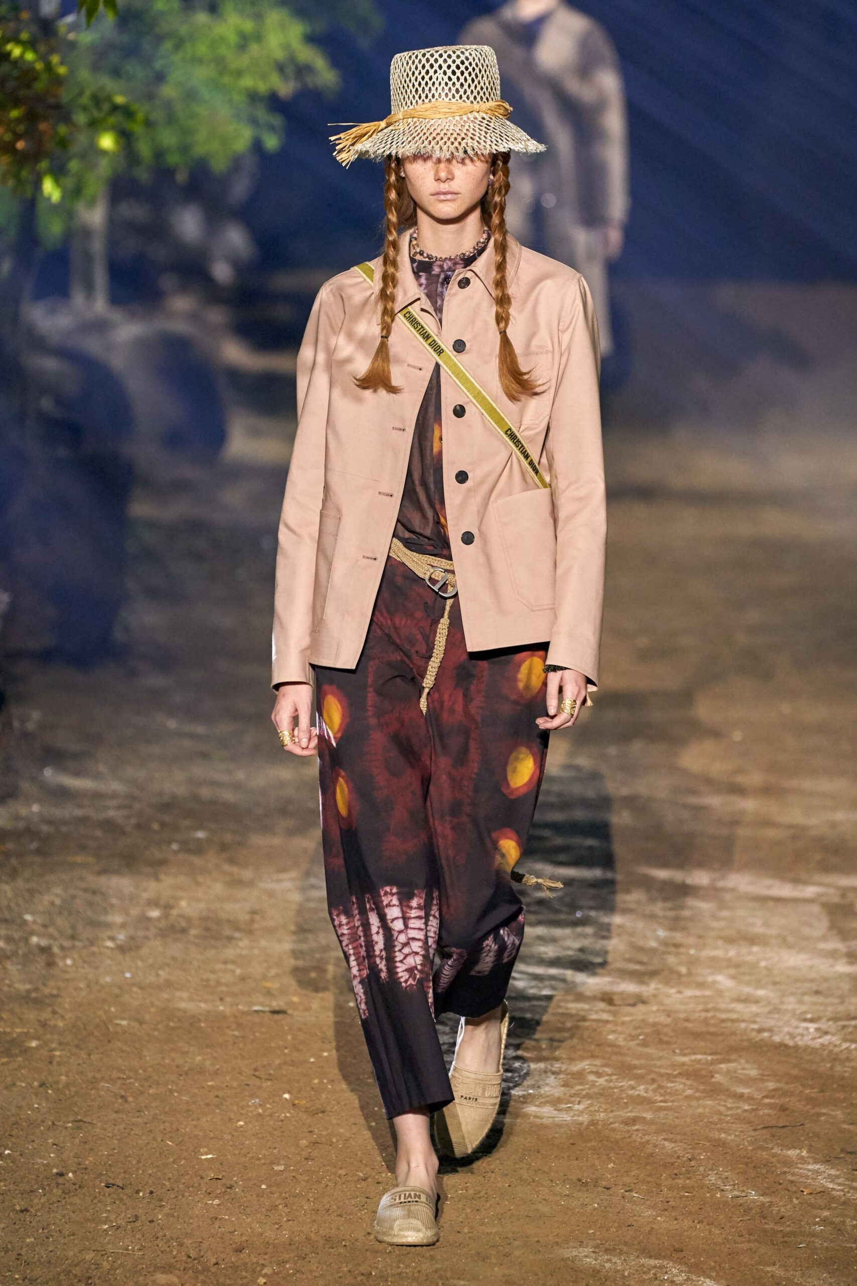 beige relaxed jacket with printed pants