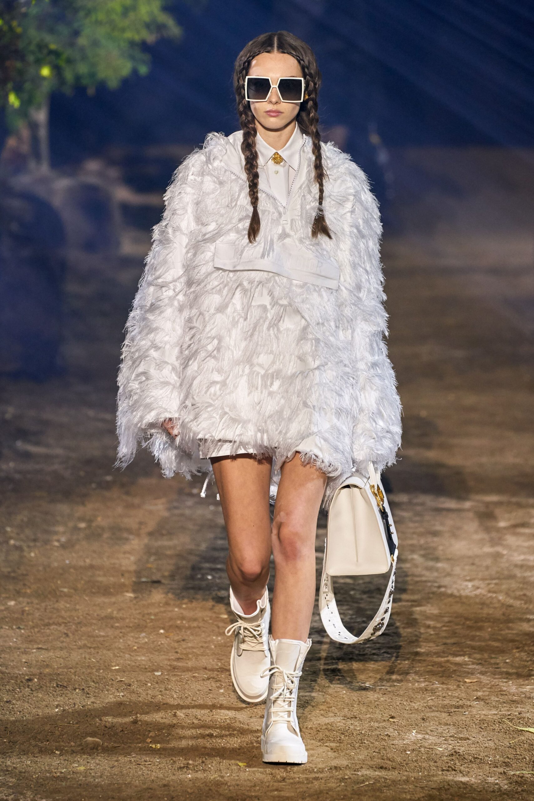 white fur coat with mini skirt