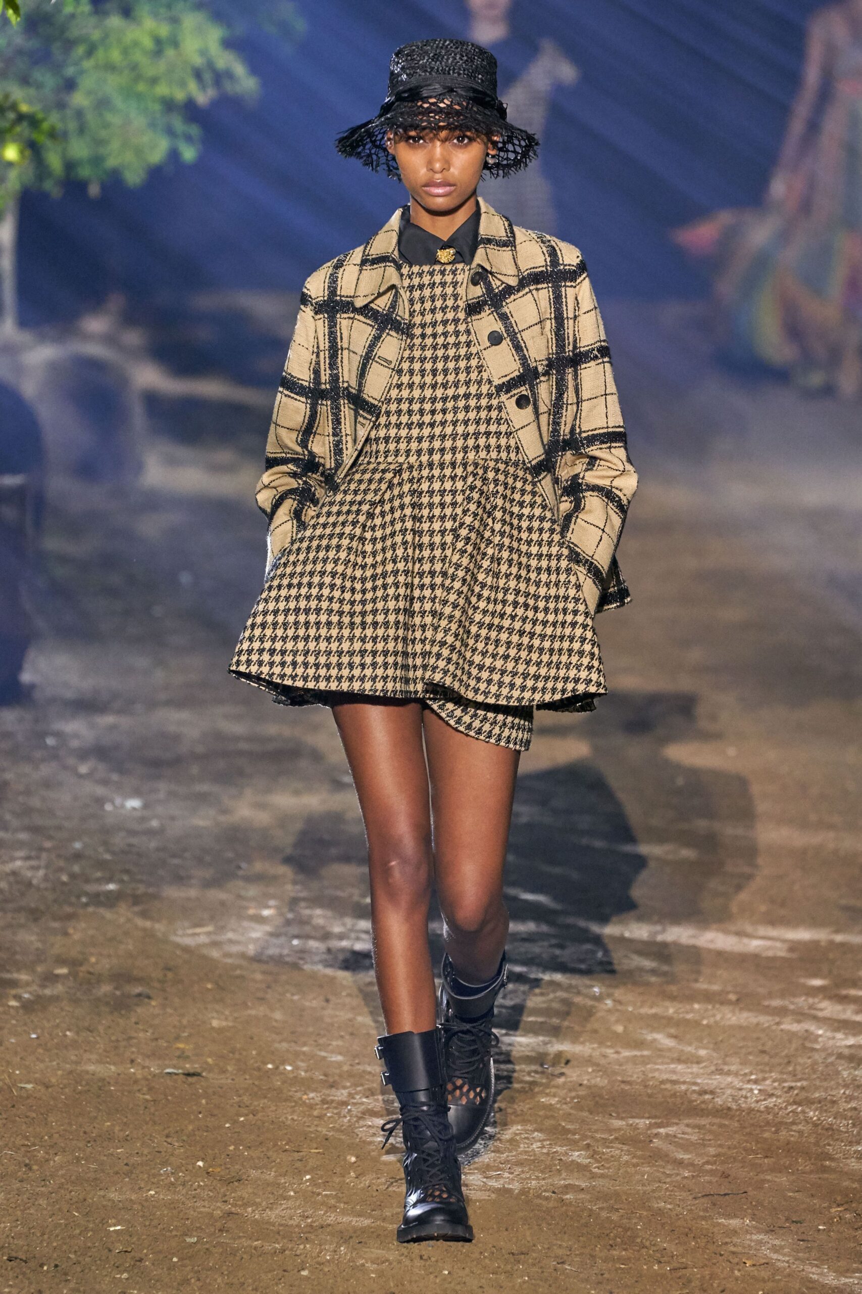 beige checked jacket mini dress