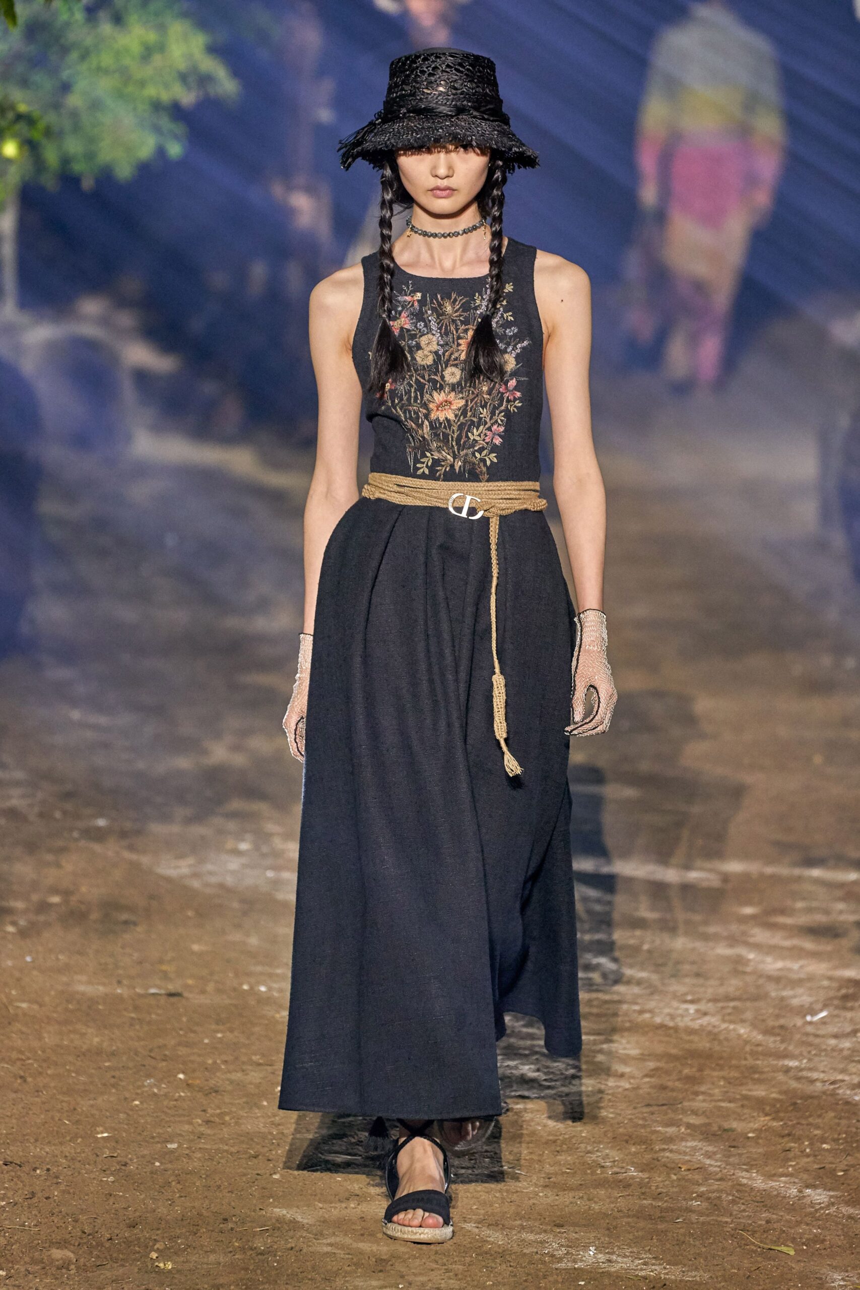 black embroidered sleeveless top and maxi skirt