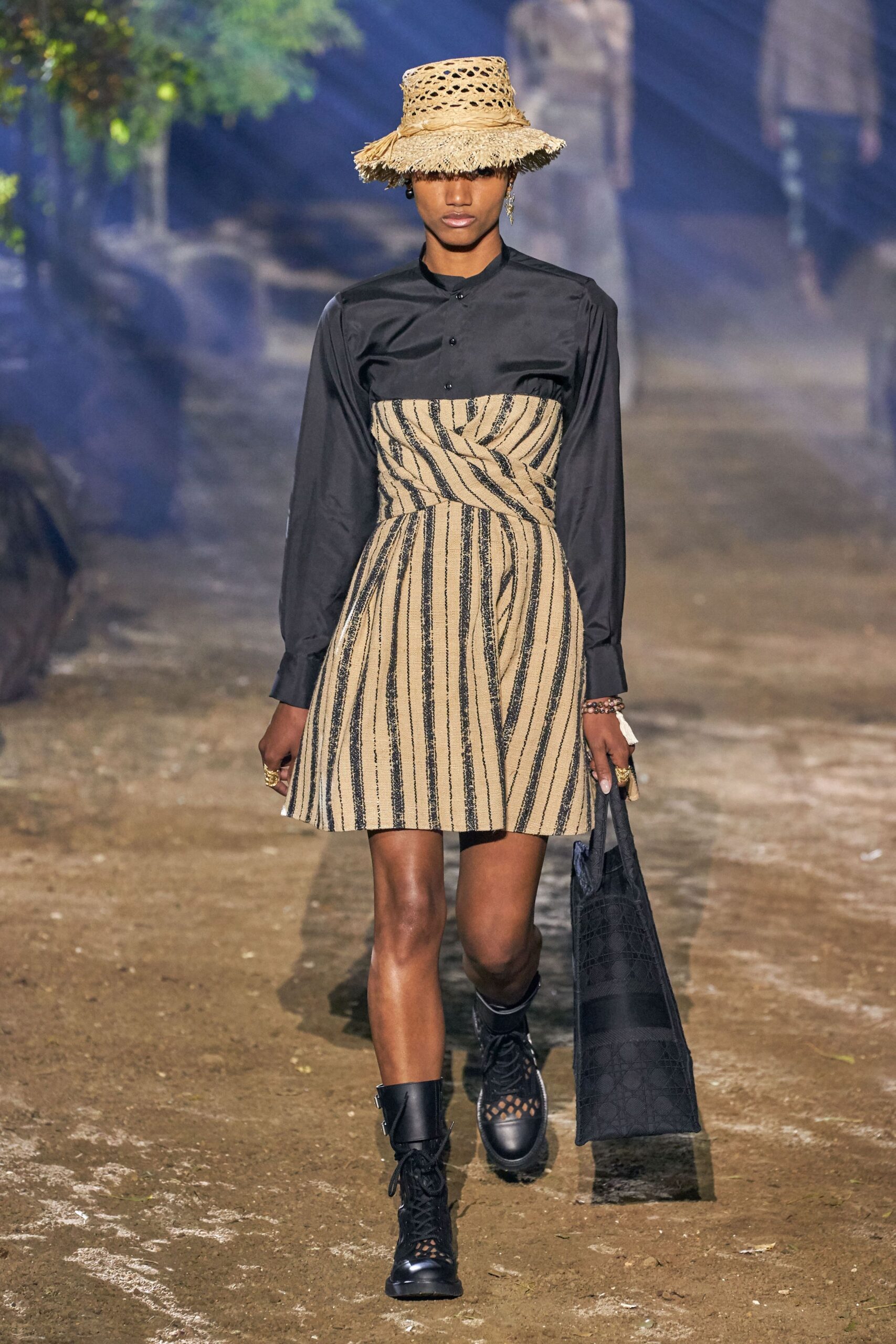 black and beige pleated dress