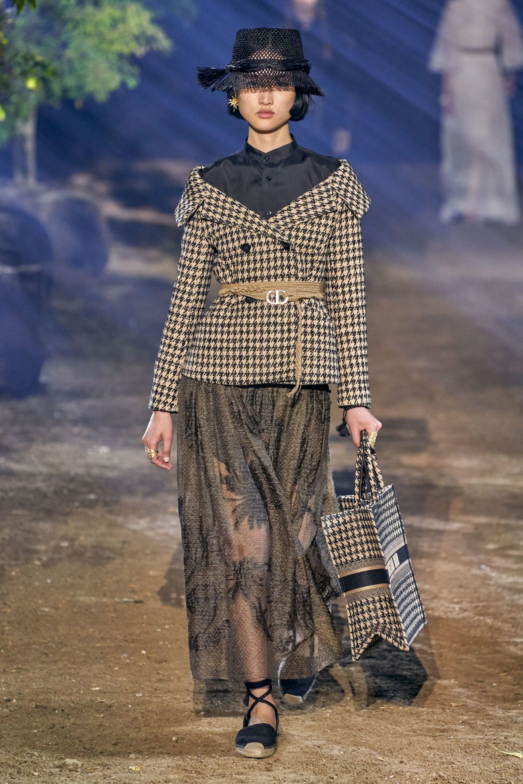 checked blazer with lace skirt