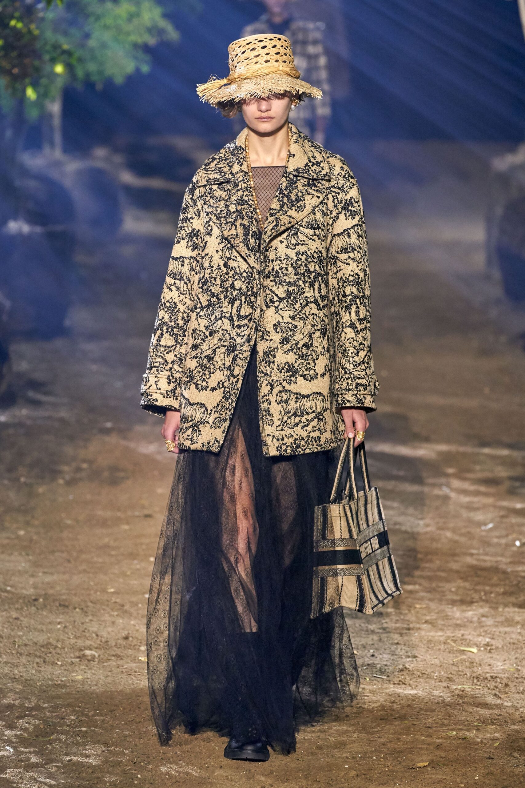 beige printed coat black tulle dress