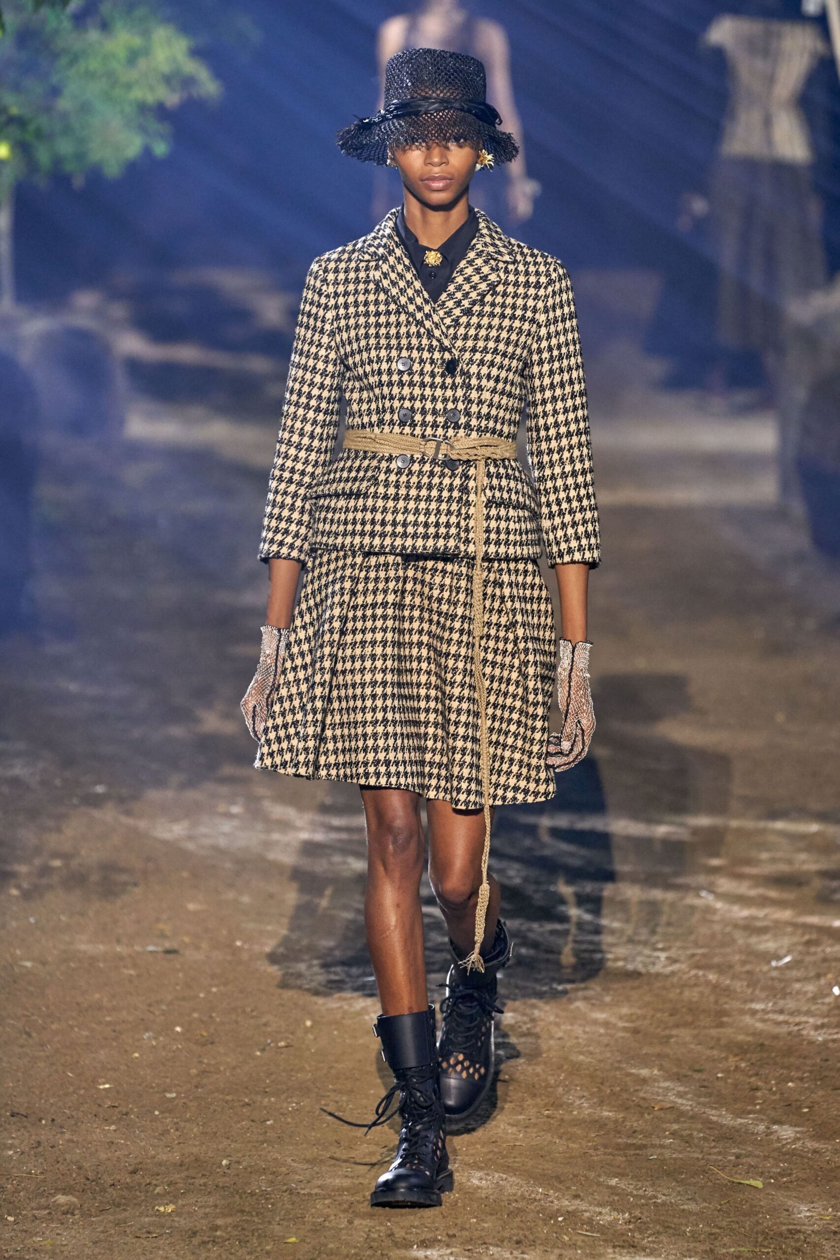 checked blazer and skirt ensemble