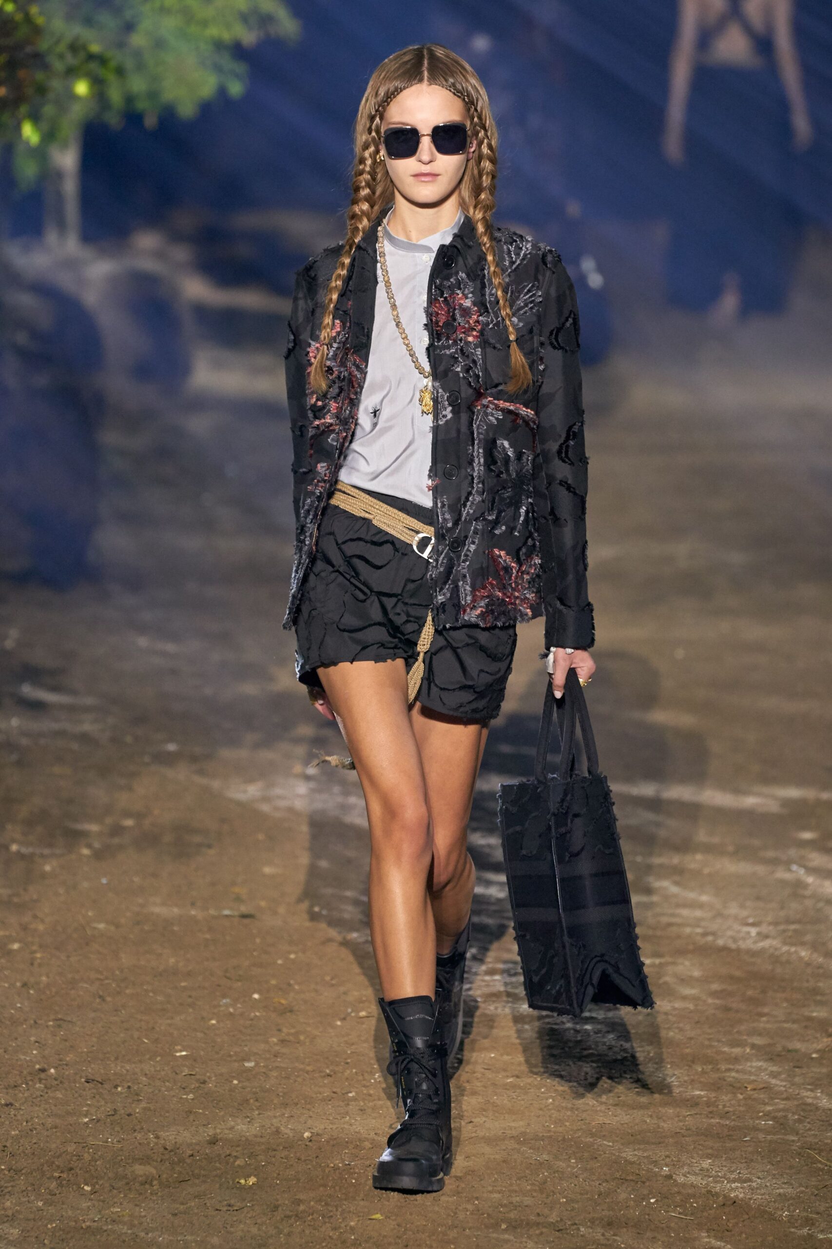 black embroidered jacket with gray t-shirt