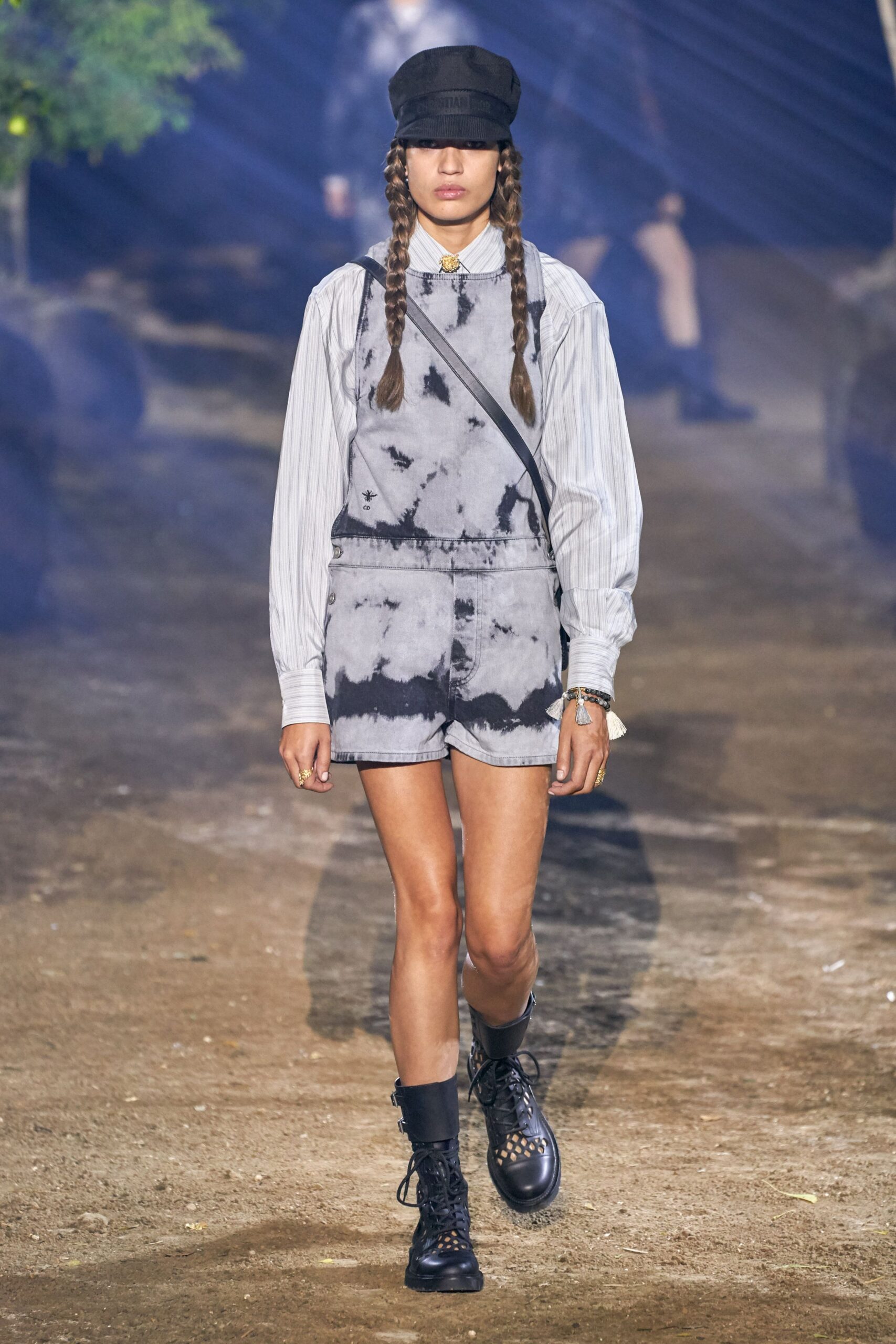 gray denim overalls with striped shirt