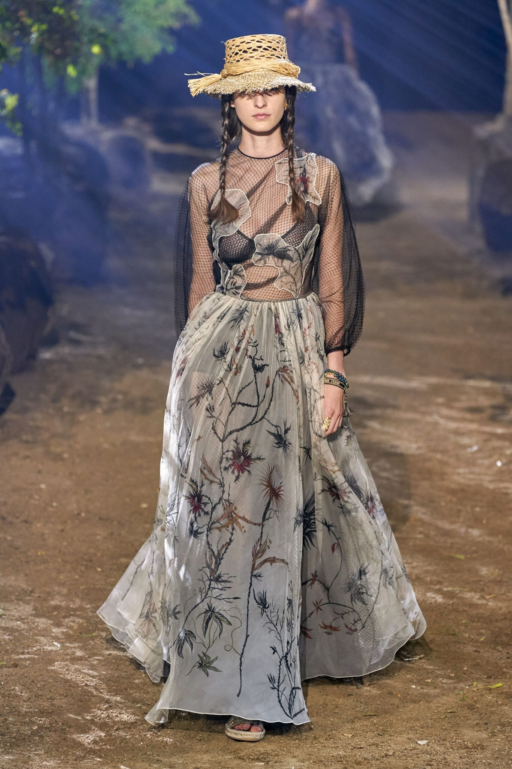 floral chiffon maxi gown with hat