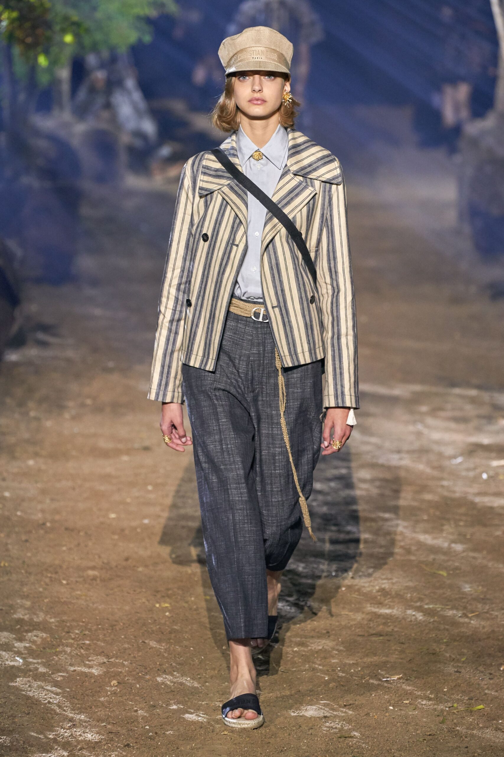 beige striped blazer with gray pants