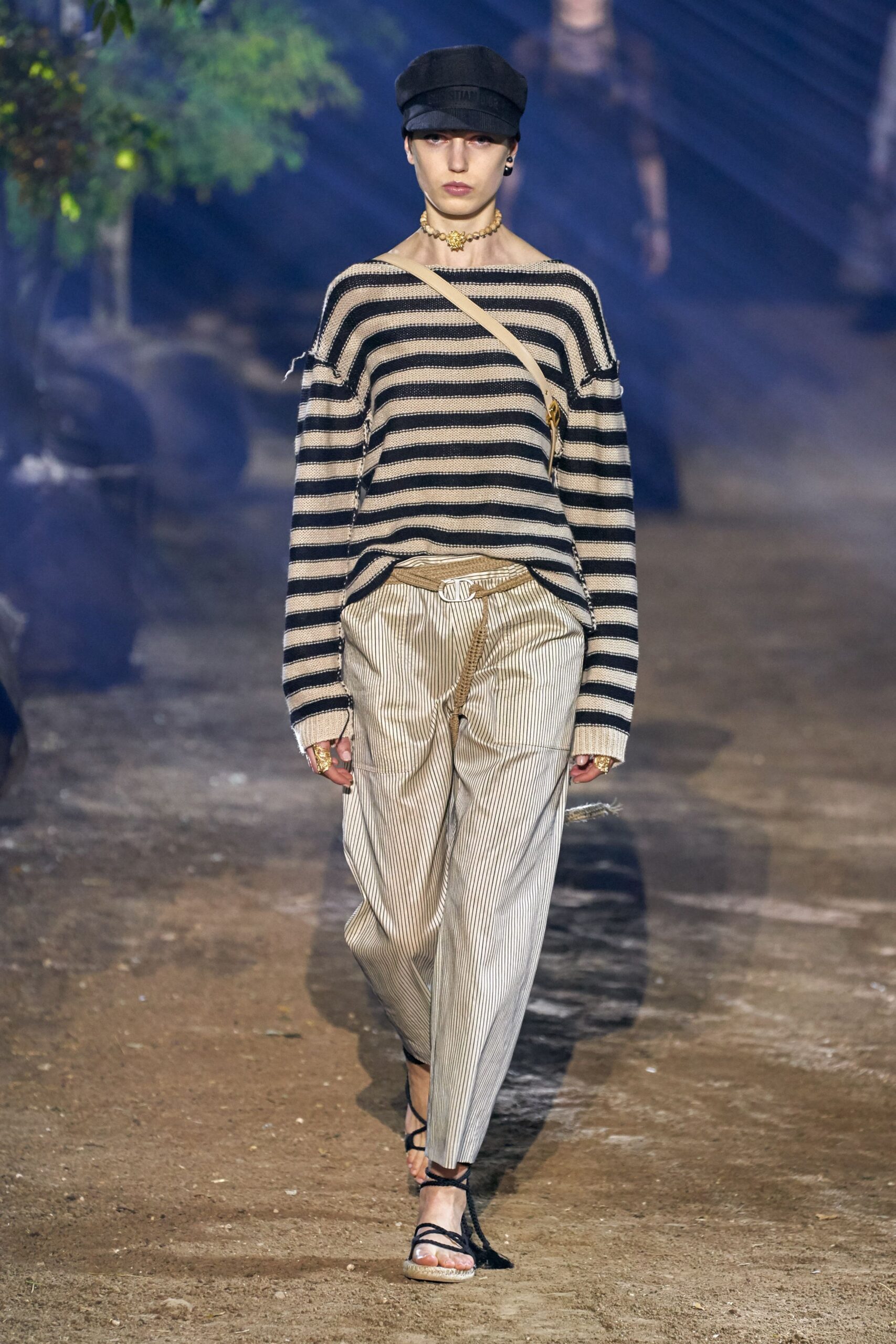 beige and black striped sweater with wide-leg pants