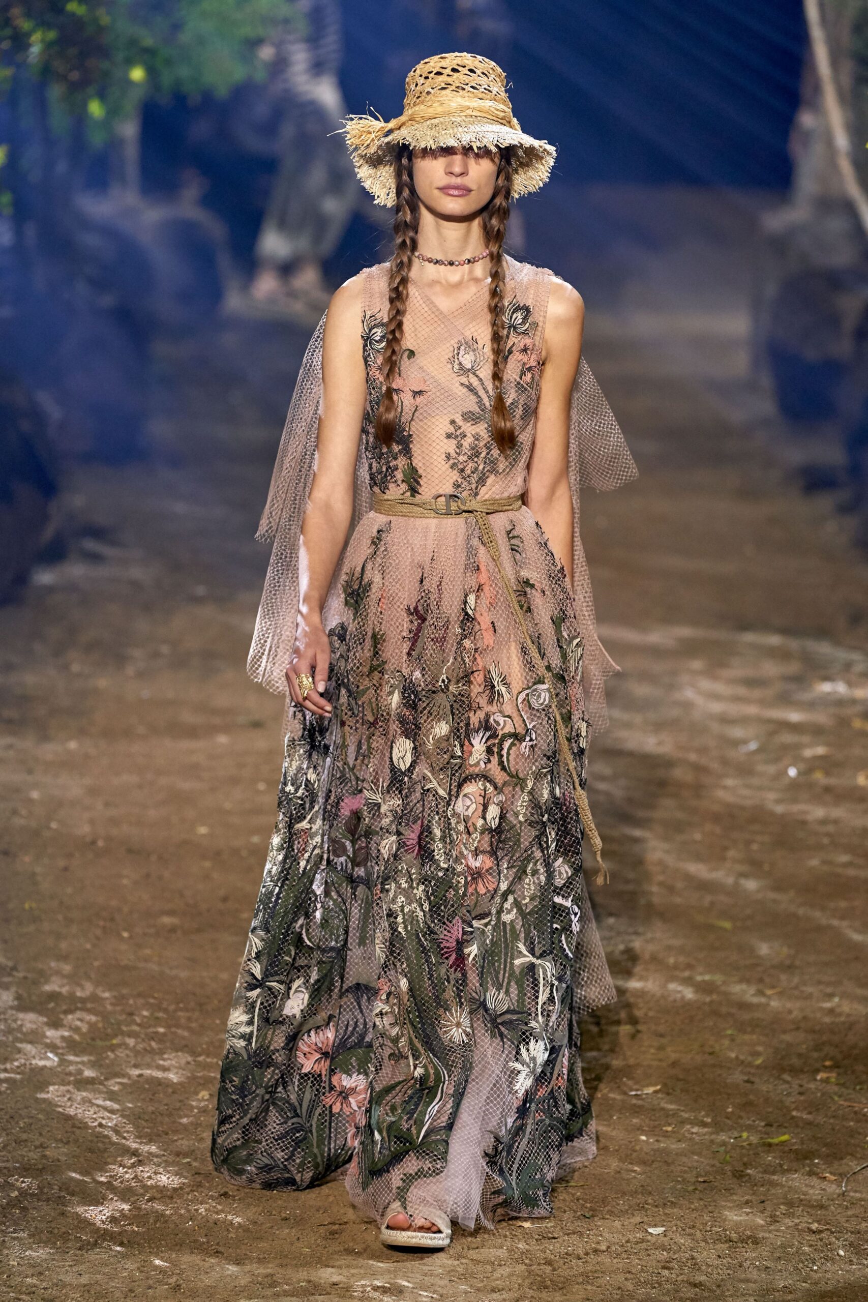 beige floral maxi gown with hat