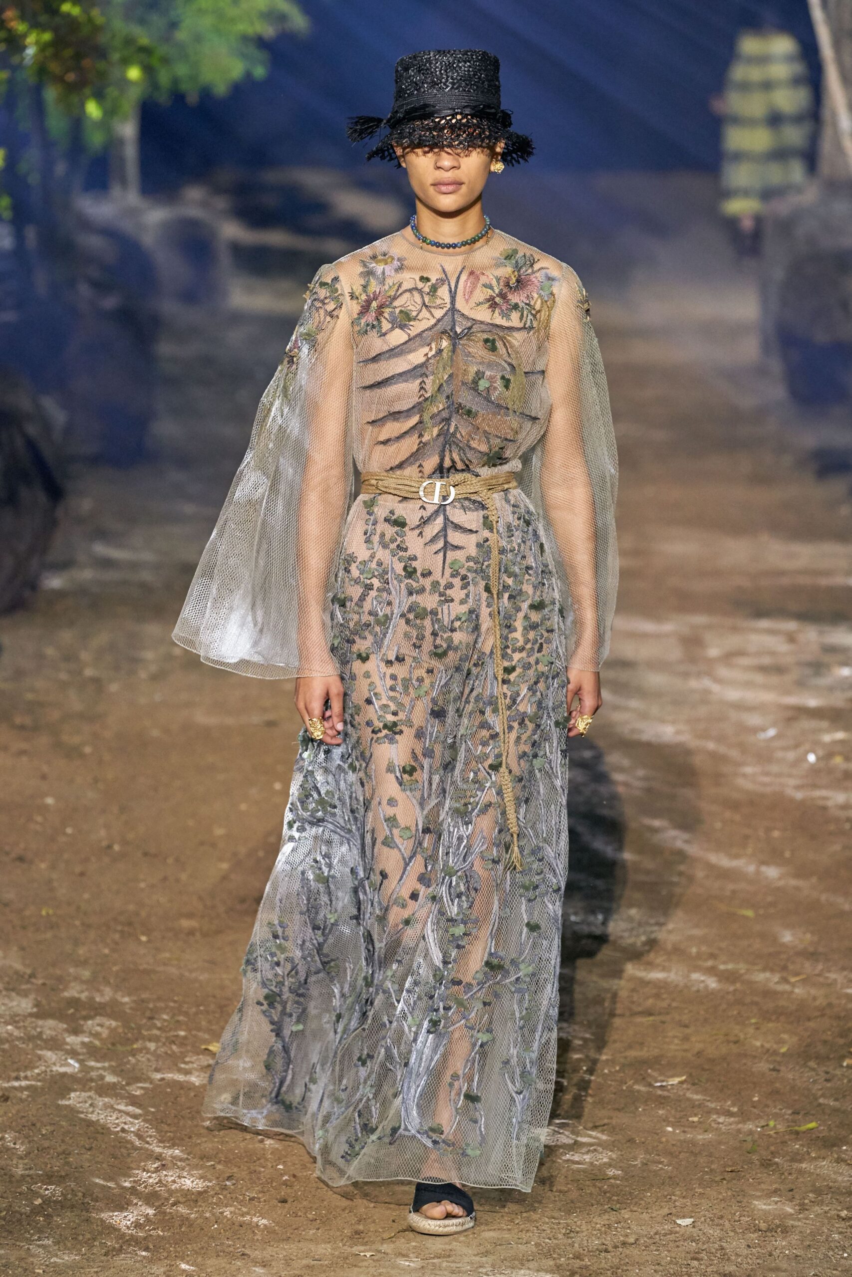 gray embroidered tulle gown