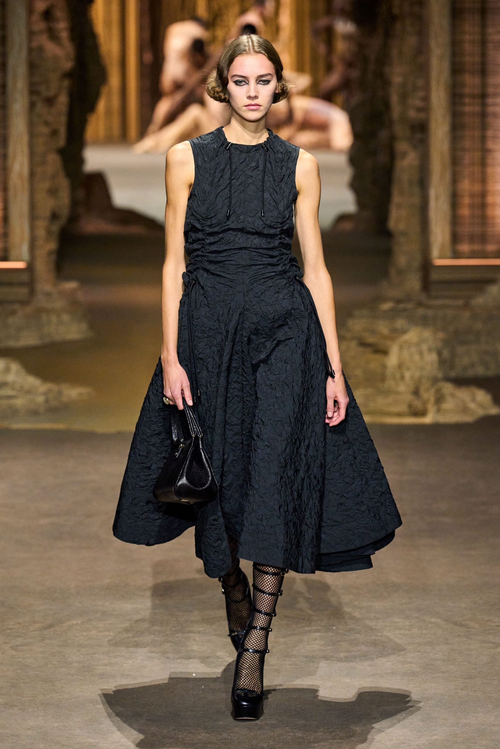 black cotton sleeveless high-neck fitted pleated draped dress