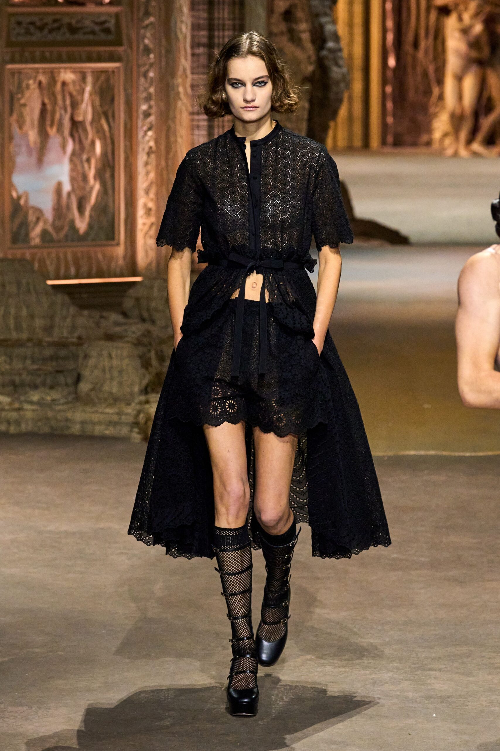 black lace short-sleeve collared fitted layered pleated dress