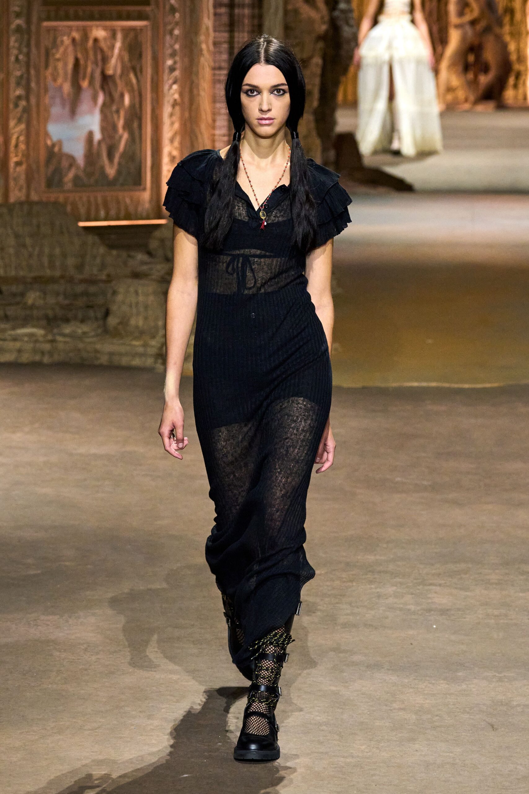 black lace sleeveless v-neck fitted ruched sheer dress