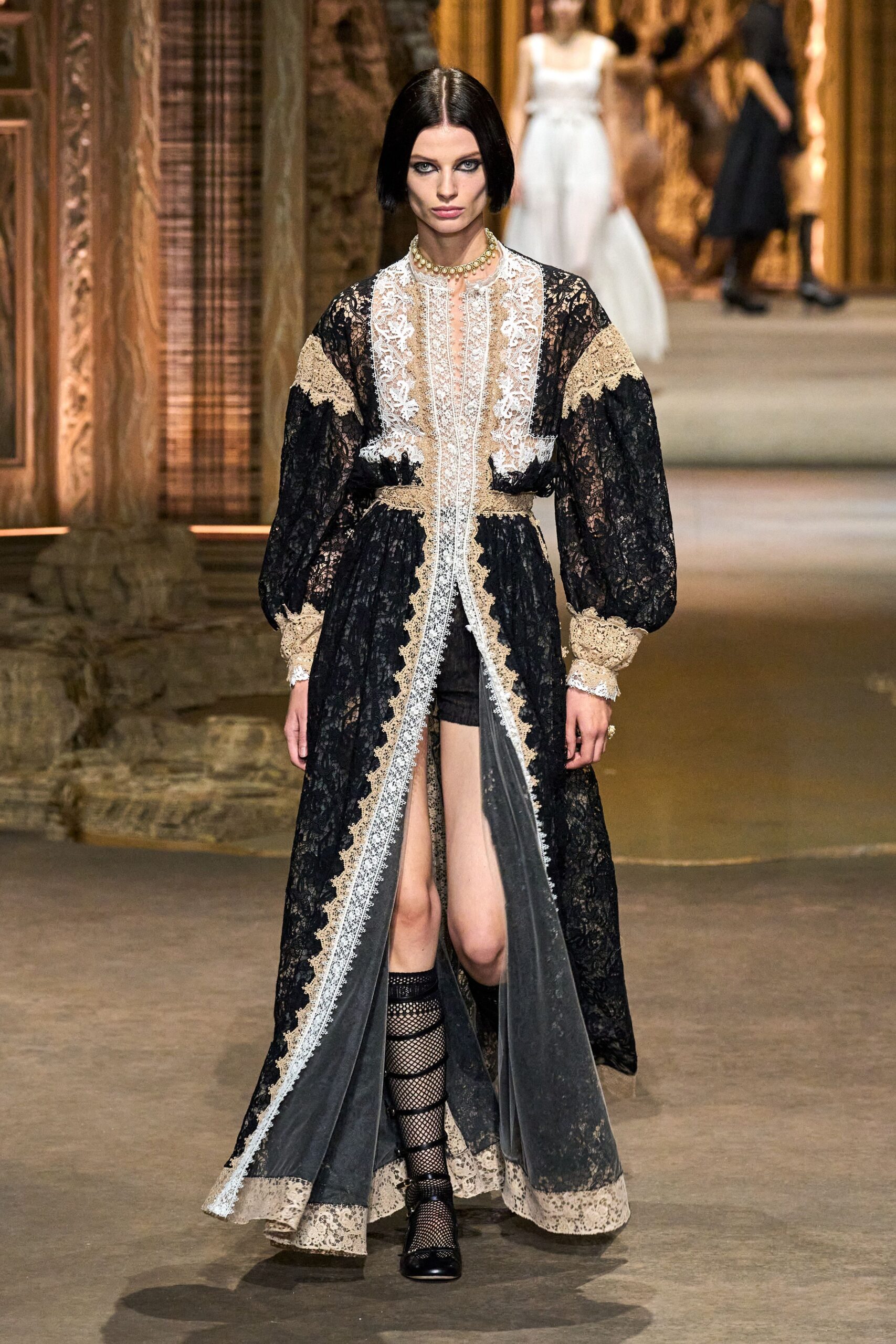 black lace long-sleeve v-neck fitted embroidered layered gown