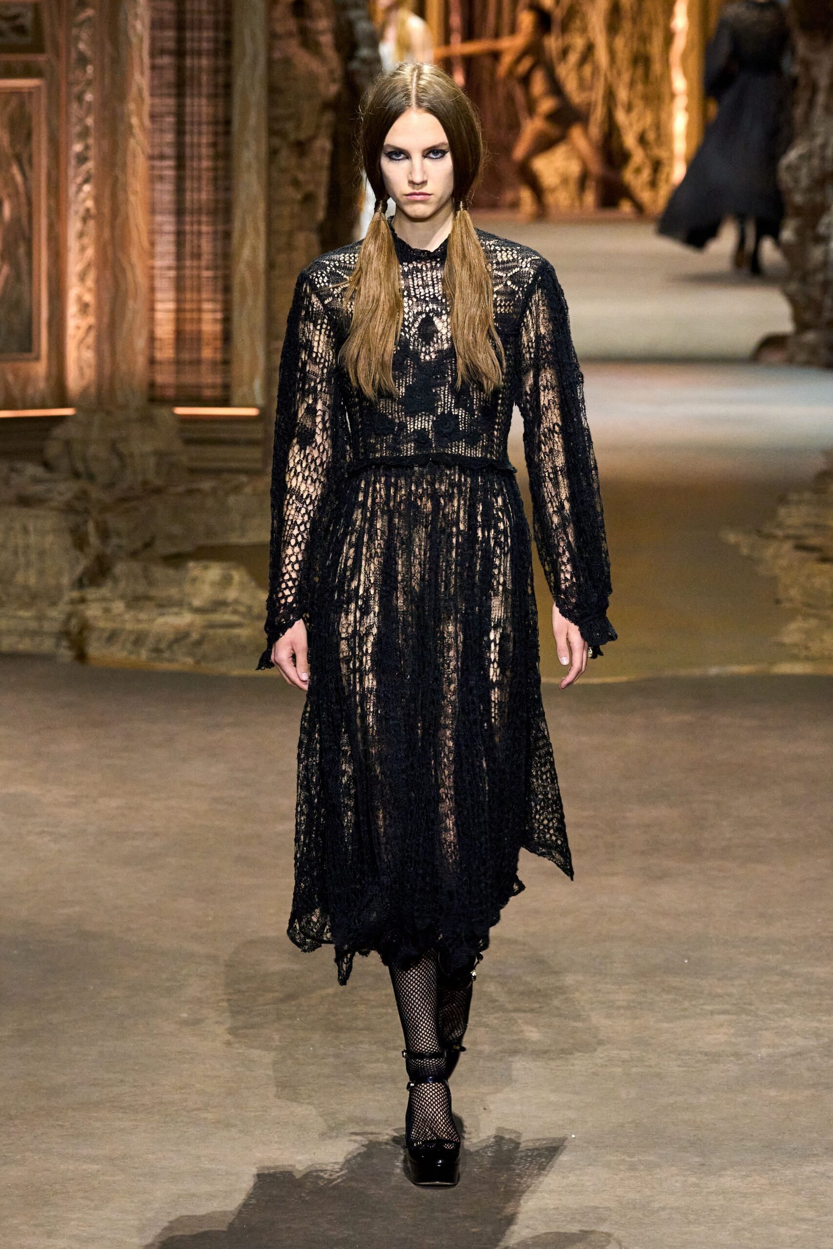black lace long-sleeve high-neck fitted layered pleated dress