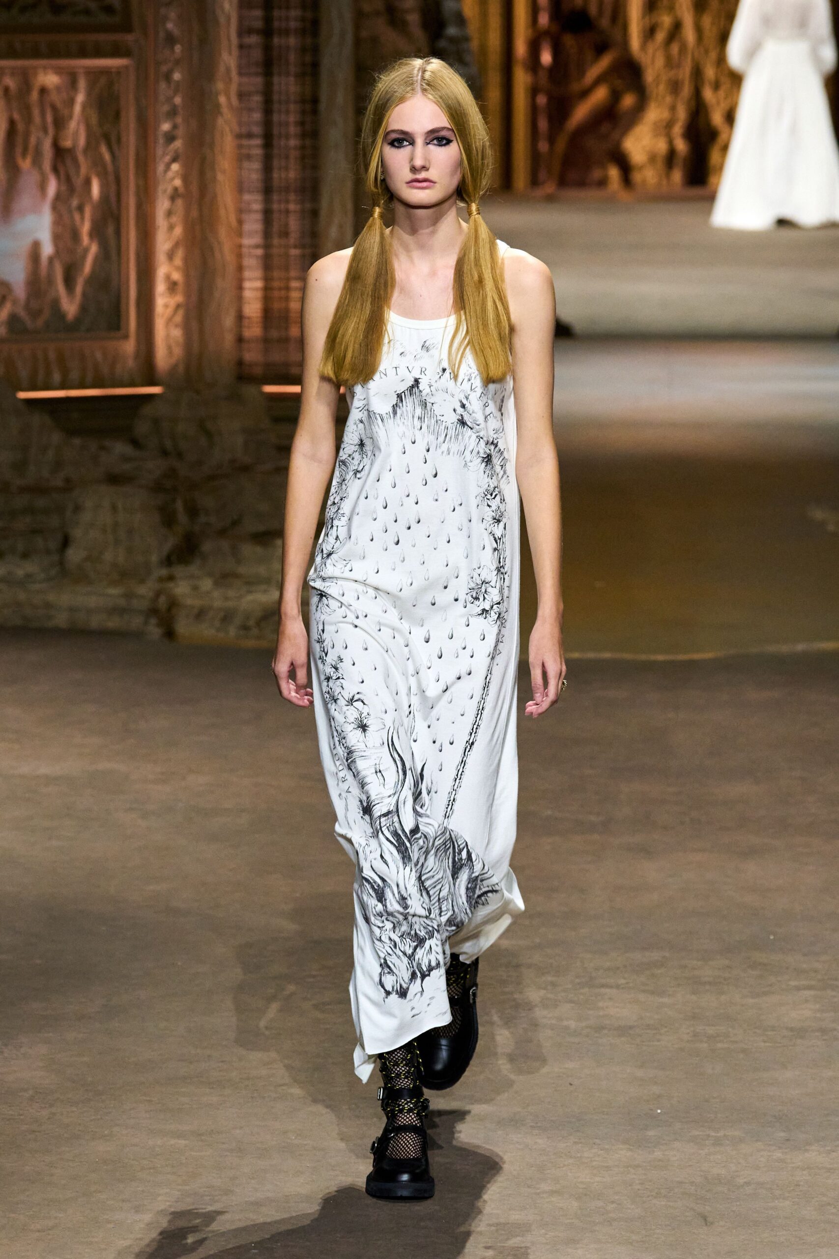 white cotton sleeveless high-neck relaxed printed maxi dress