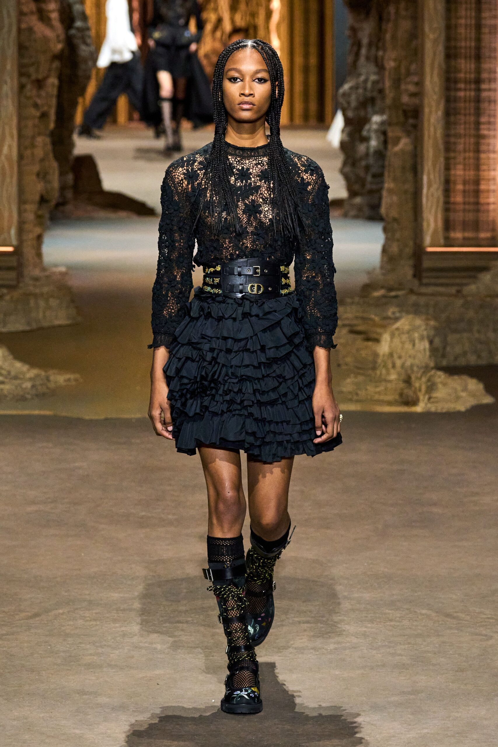 black lace long-sleeve high-neck fitted ruffled mini dress