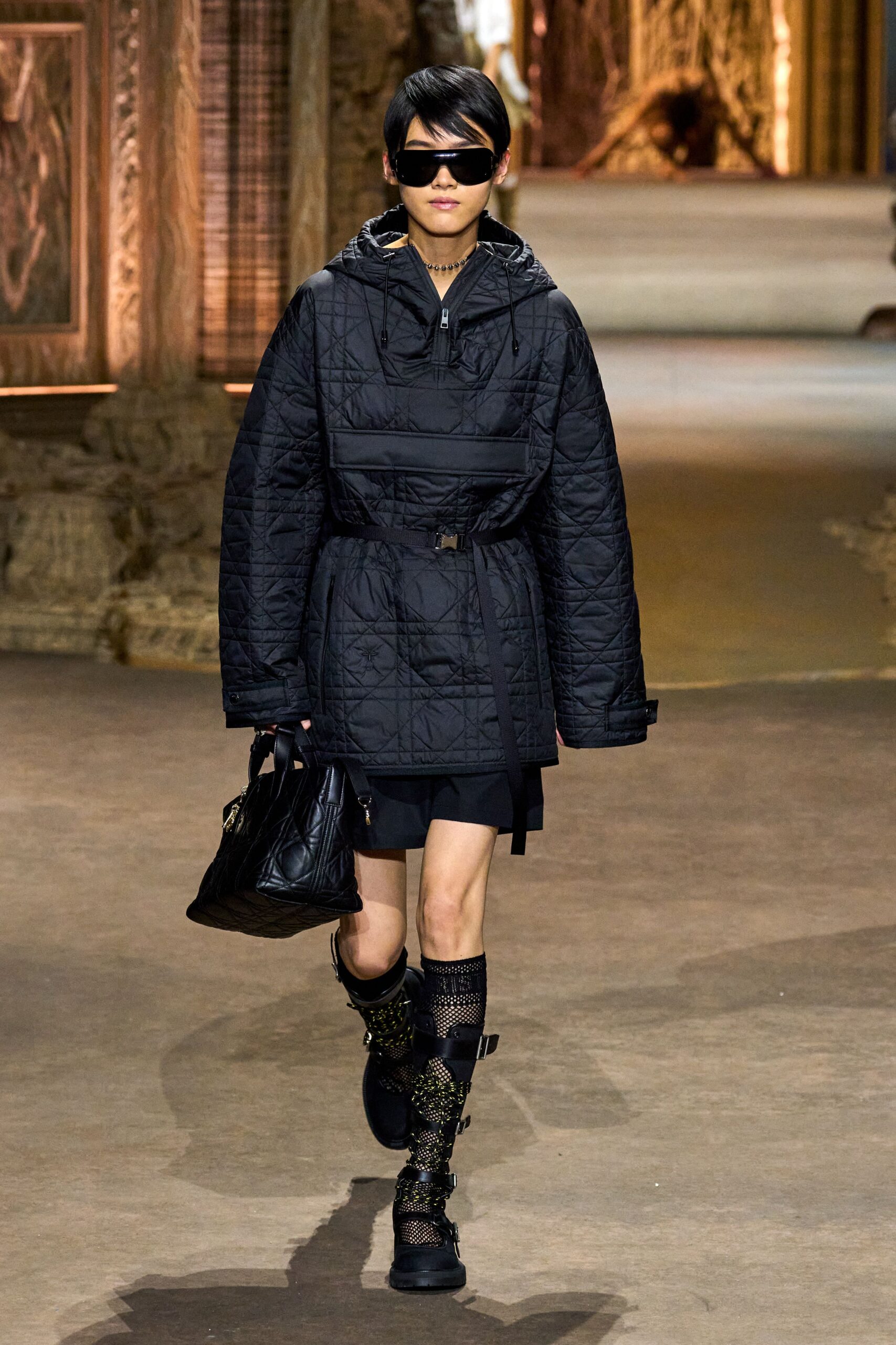 black cotton long-sleeve hooded oversized quilted belted jacket