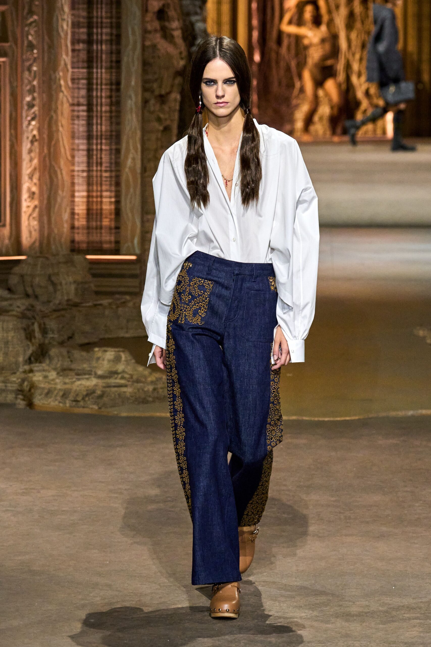 blue denim relaxed embroidered pants