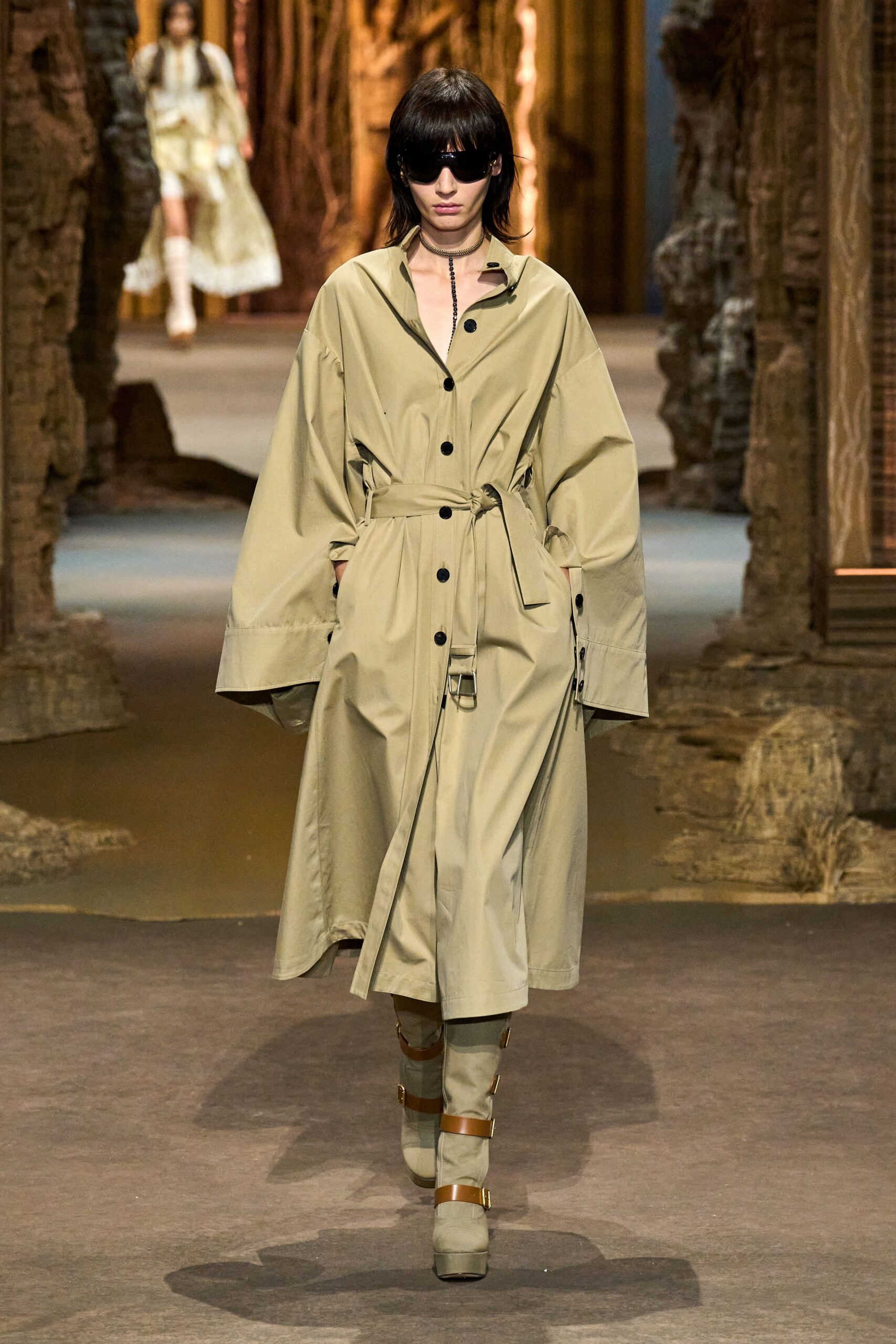 beige cotton long-sleeve collared relaxed belted buttoned coat
