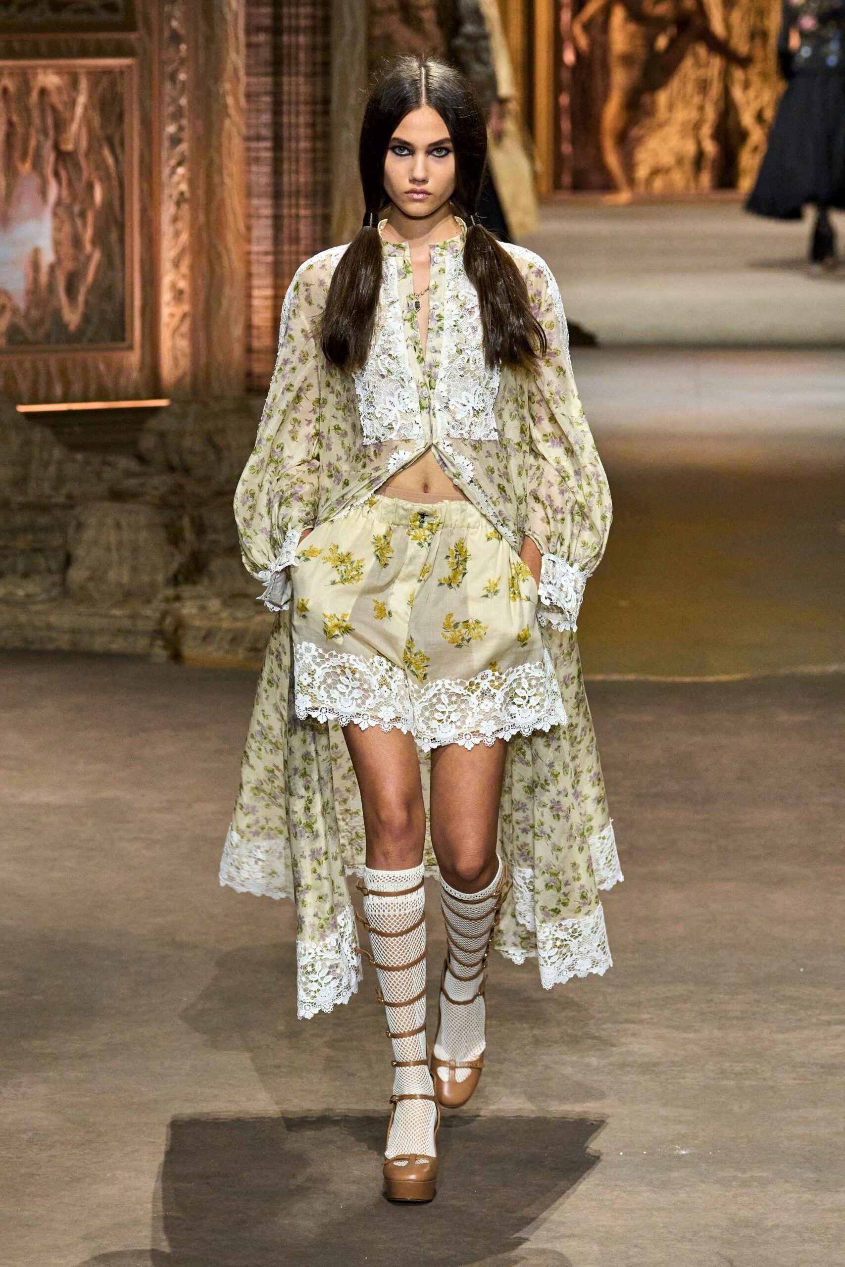 white silk long-sleeve collared fitted floral layered dress