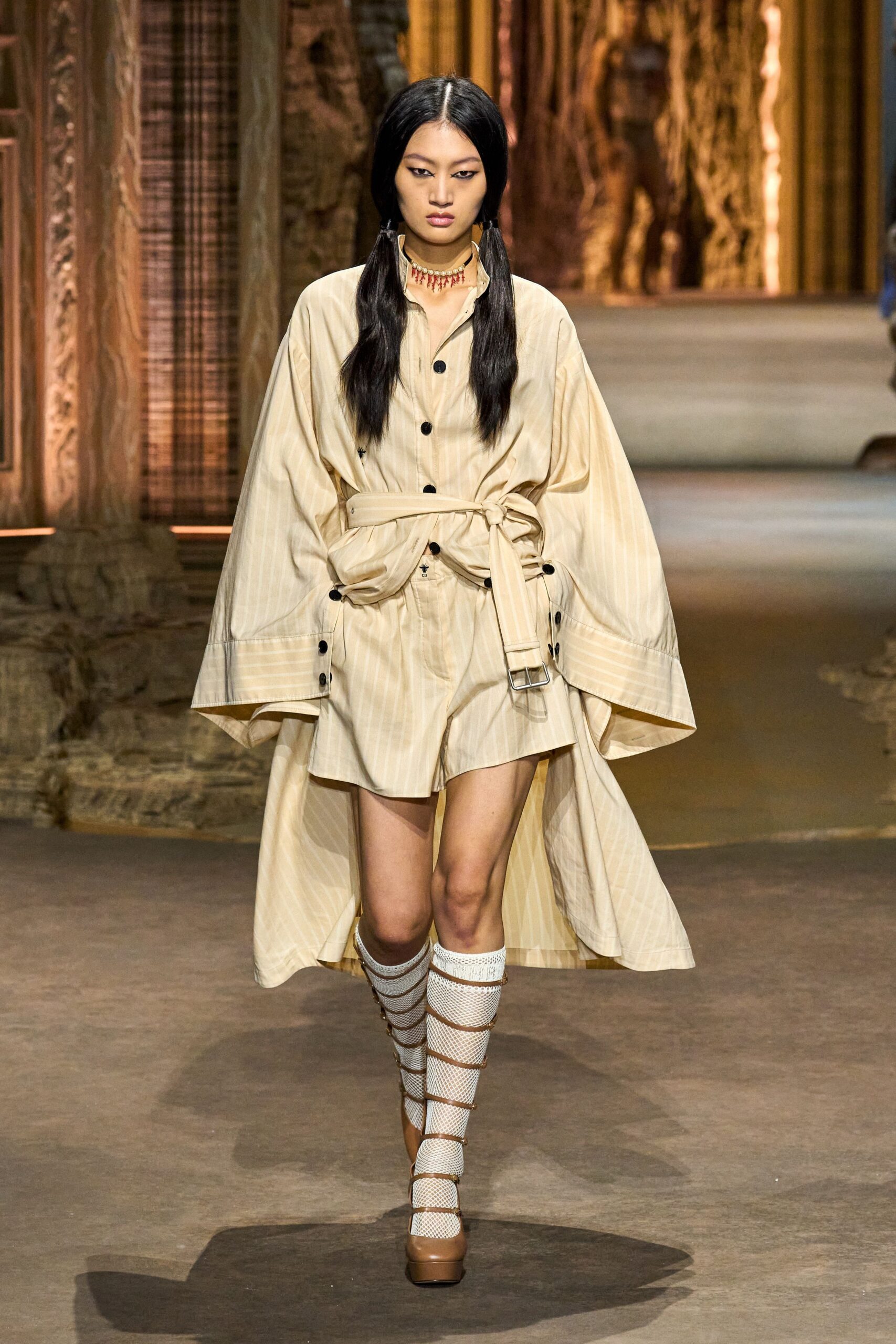 beige cotton long-sleeve collared relaxed buttoned belted shirt-dress