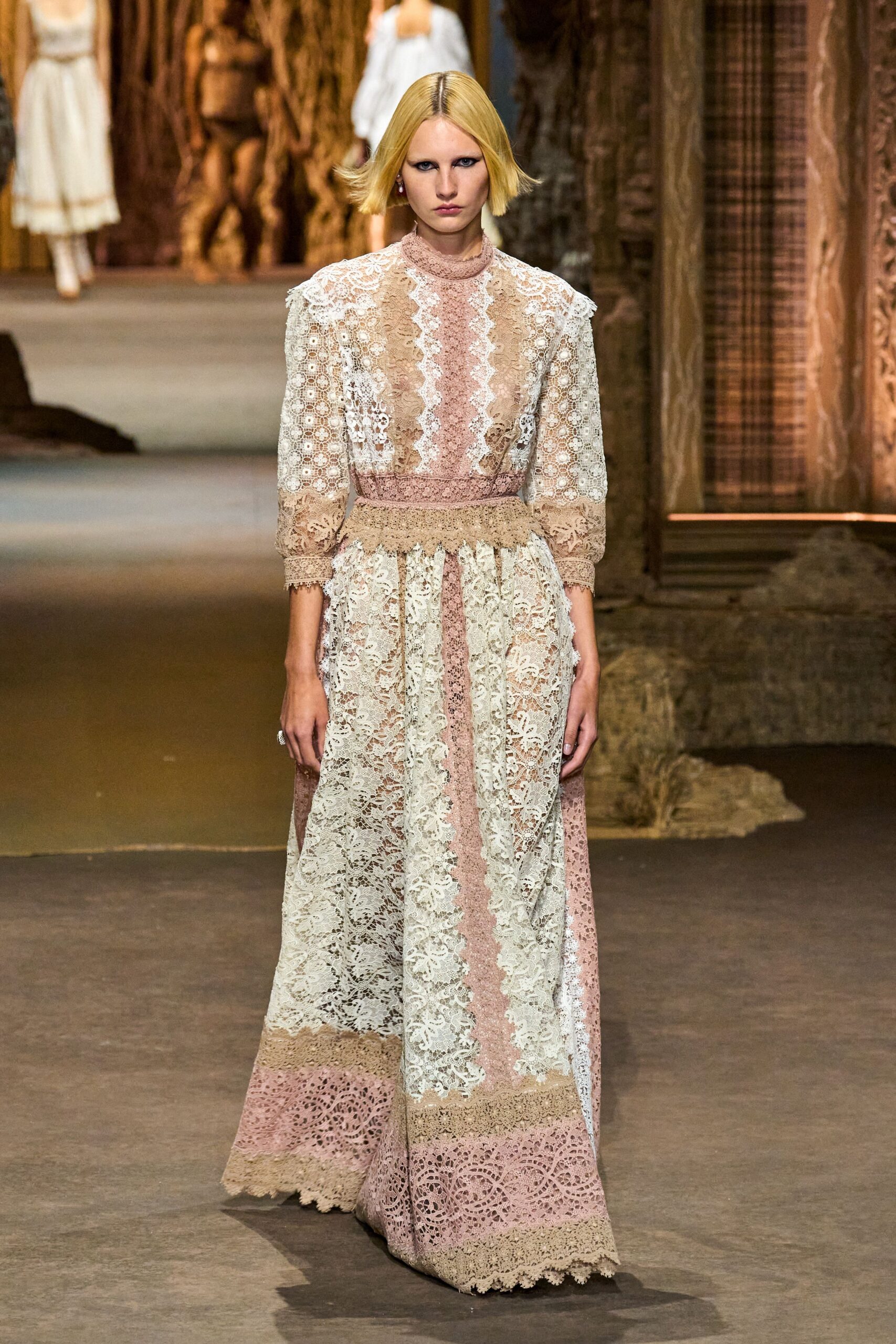 pink beige white lace gown