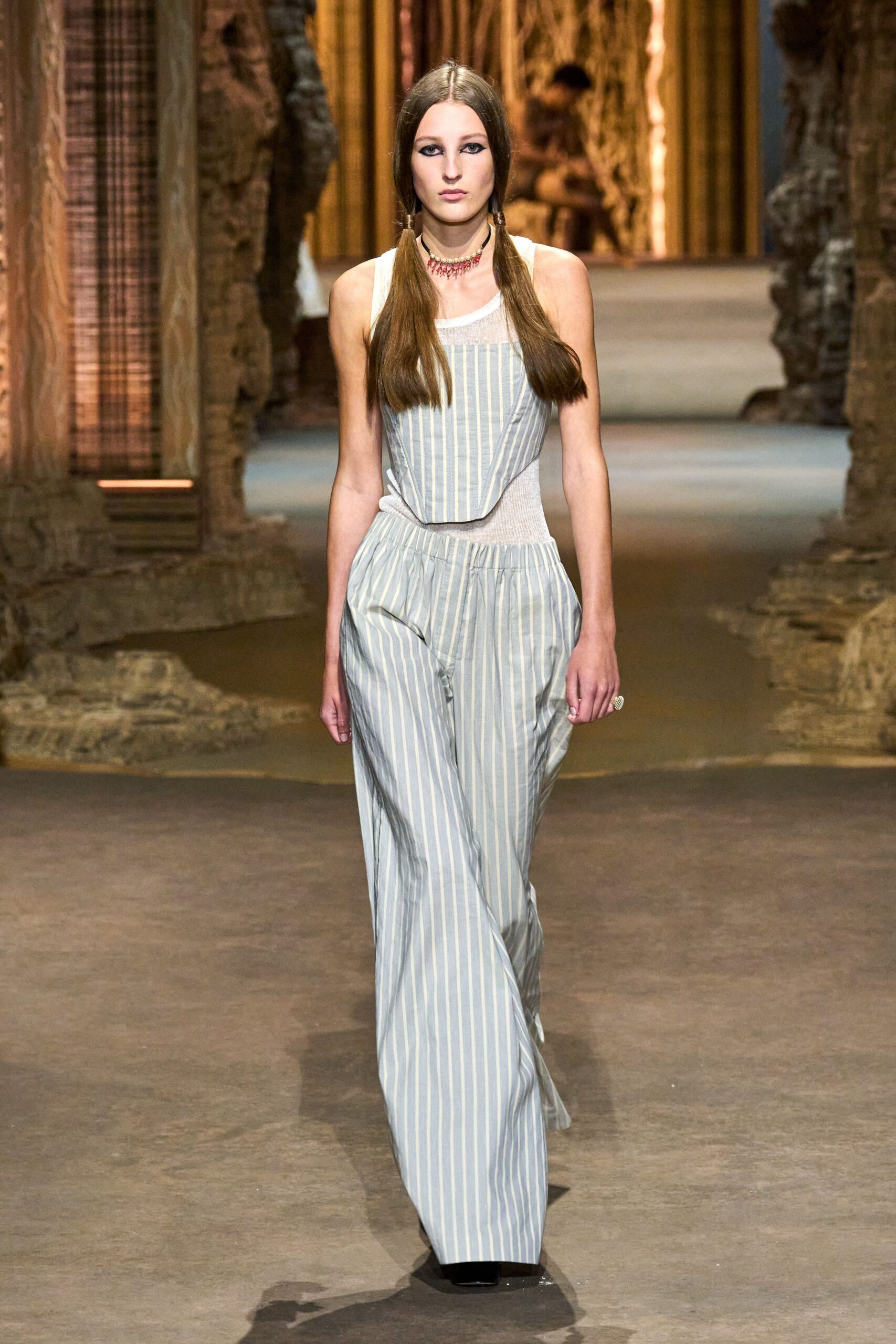 gray cotton sleeveless v-neck fitted striped wide-leg jumpsuit