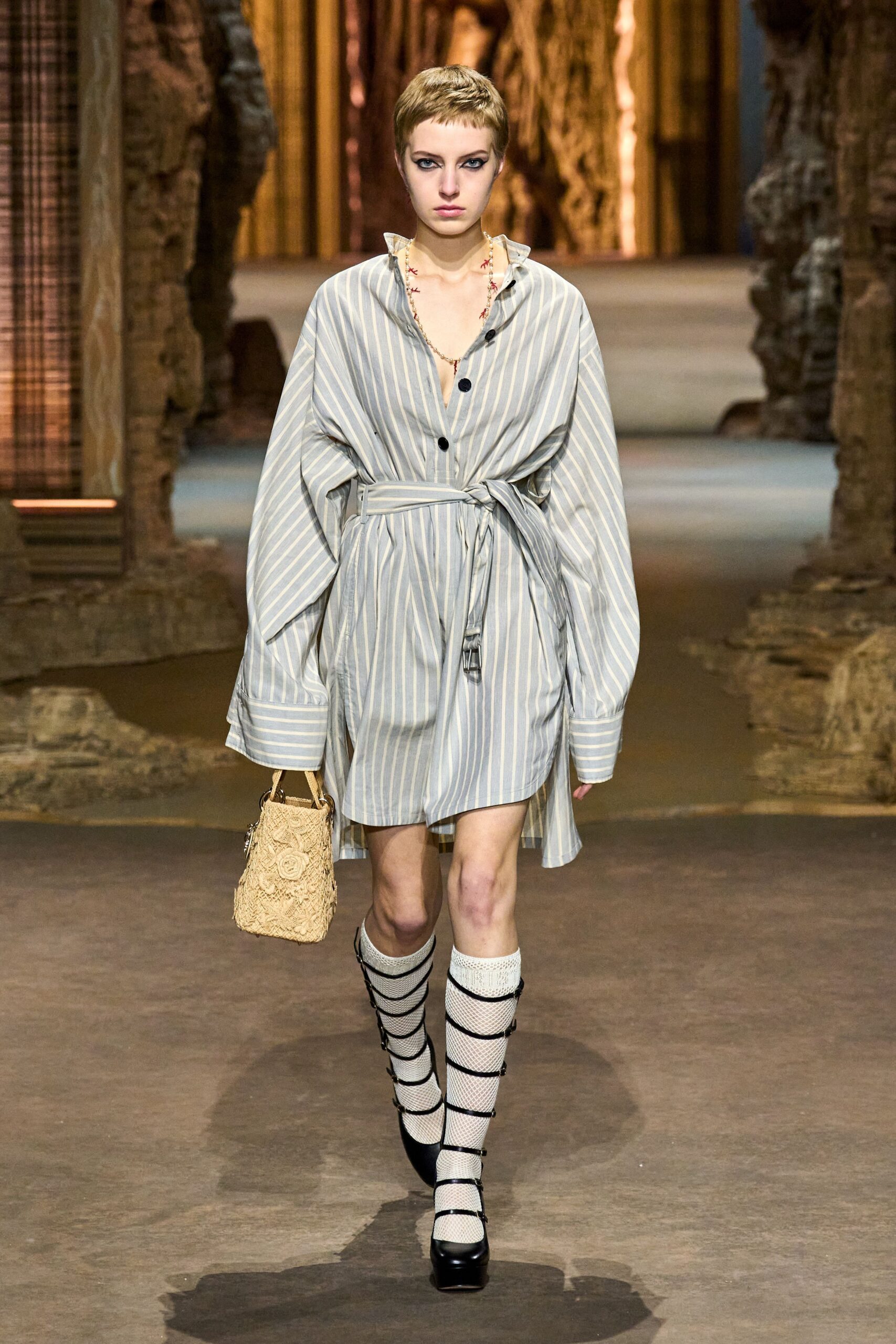 blue cotton long-sleeve collared relaxed striped belted shirt-dress