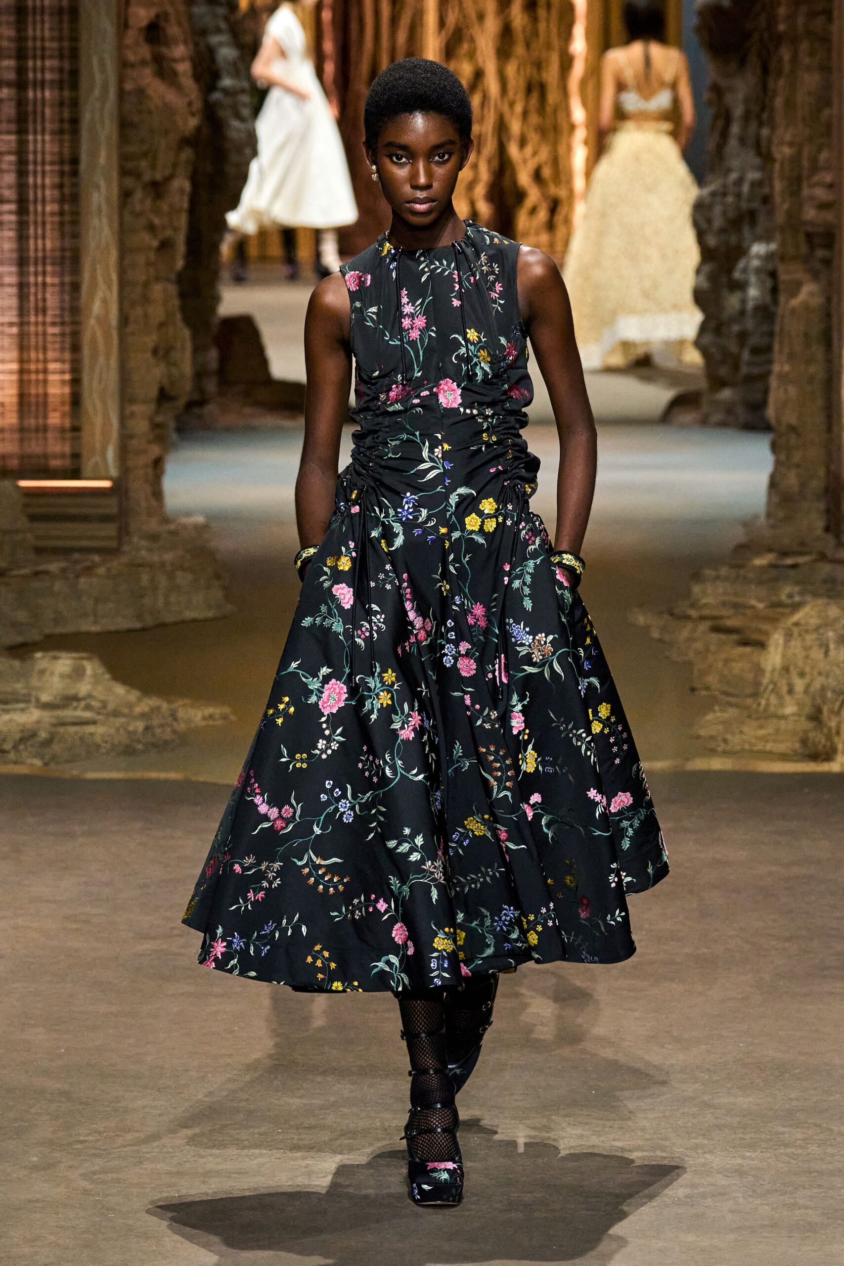 black silk sleeveless high-neck fitted floral pleated dress