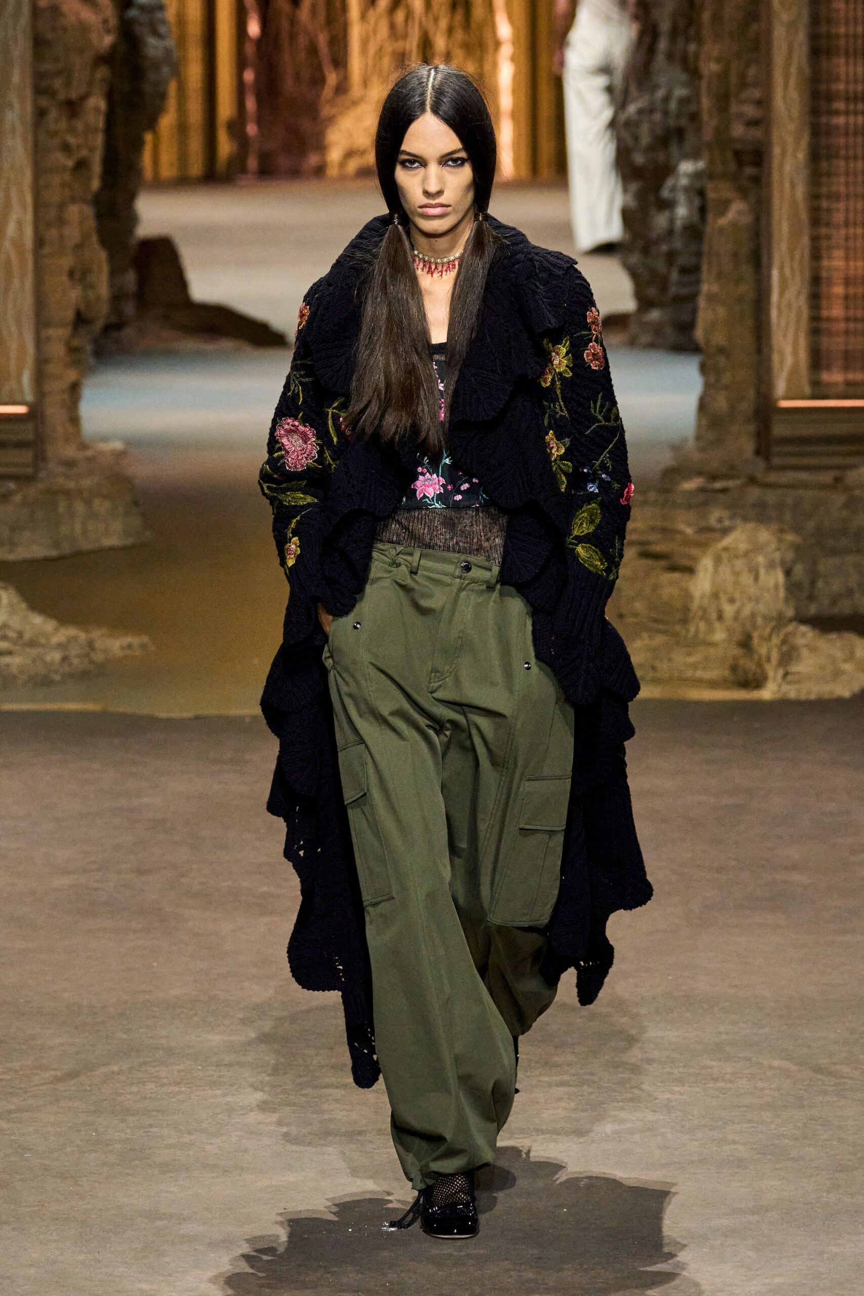 black wool long-sleeve relaxed ruffled embroidered coat