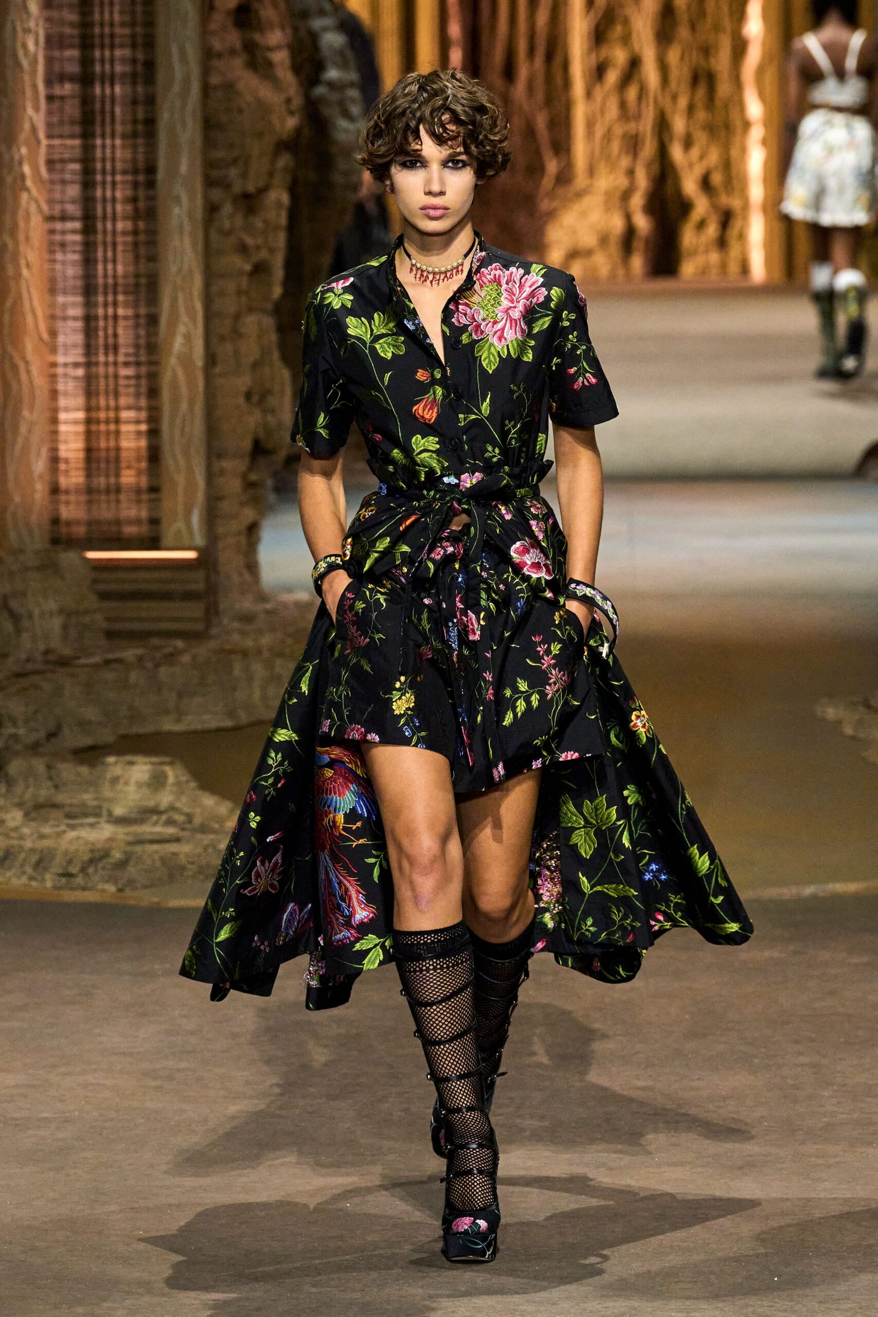 black cotton short-sleeve collared fitted floral tiered dress