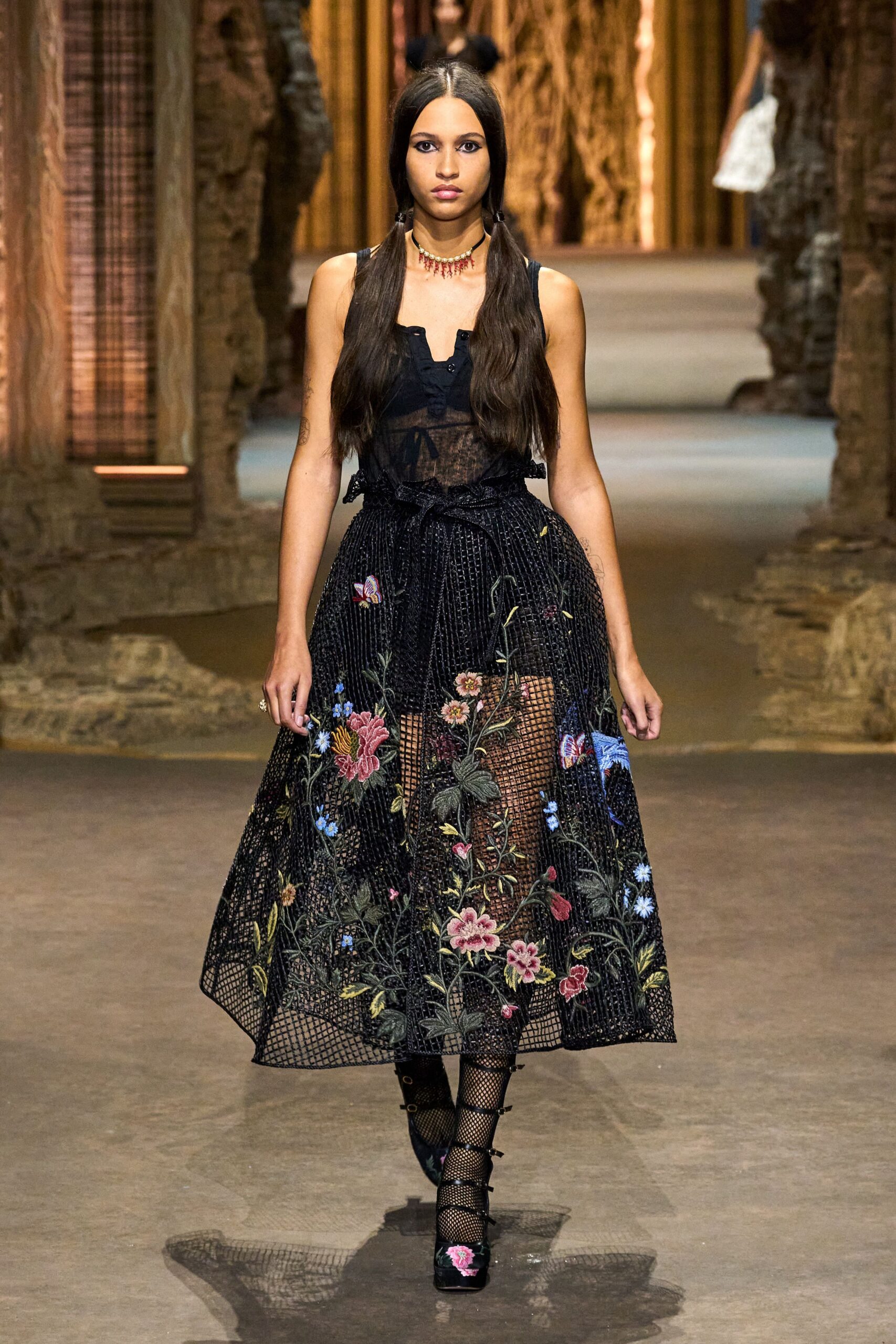 black mesh sleeveless v-neck fitted embroidered tiered dress