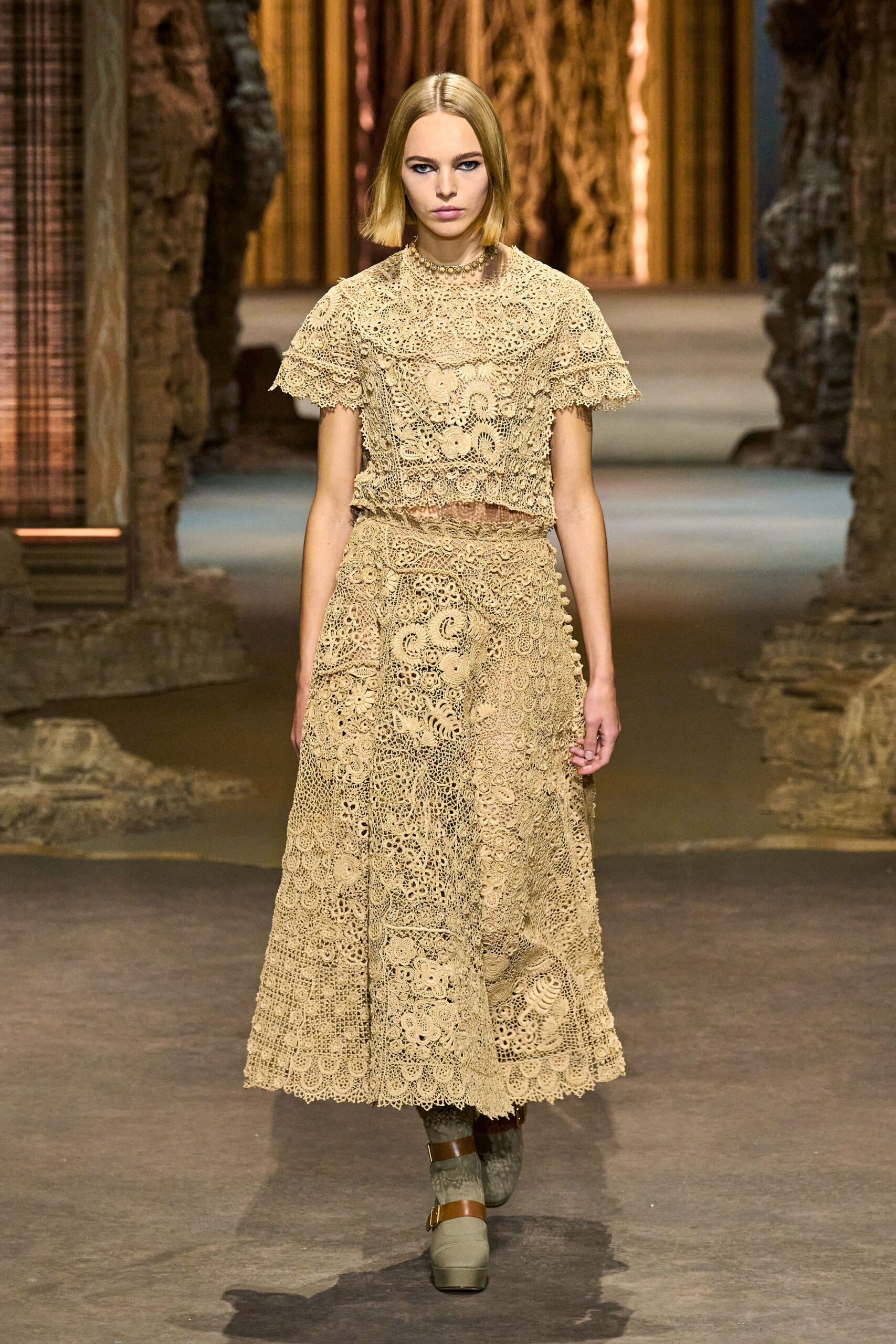 beige lace short-sleeve high-neck fitted pleated tiered dress