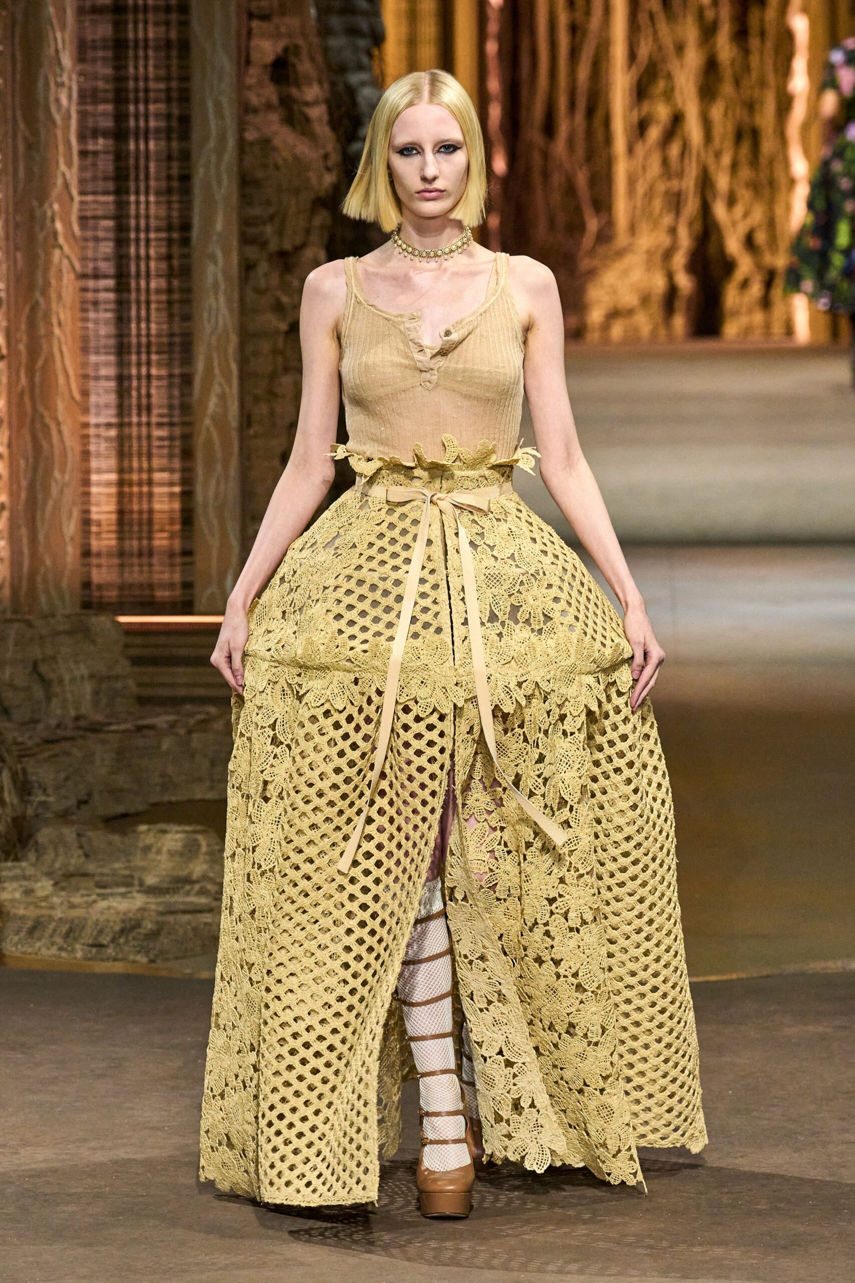 yellow lace sleeveless v-neck fitted layered pleated dress