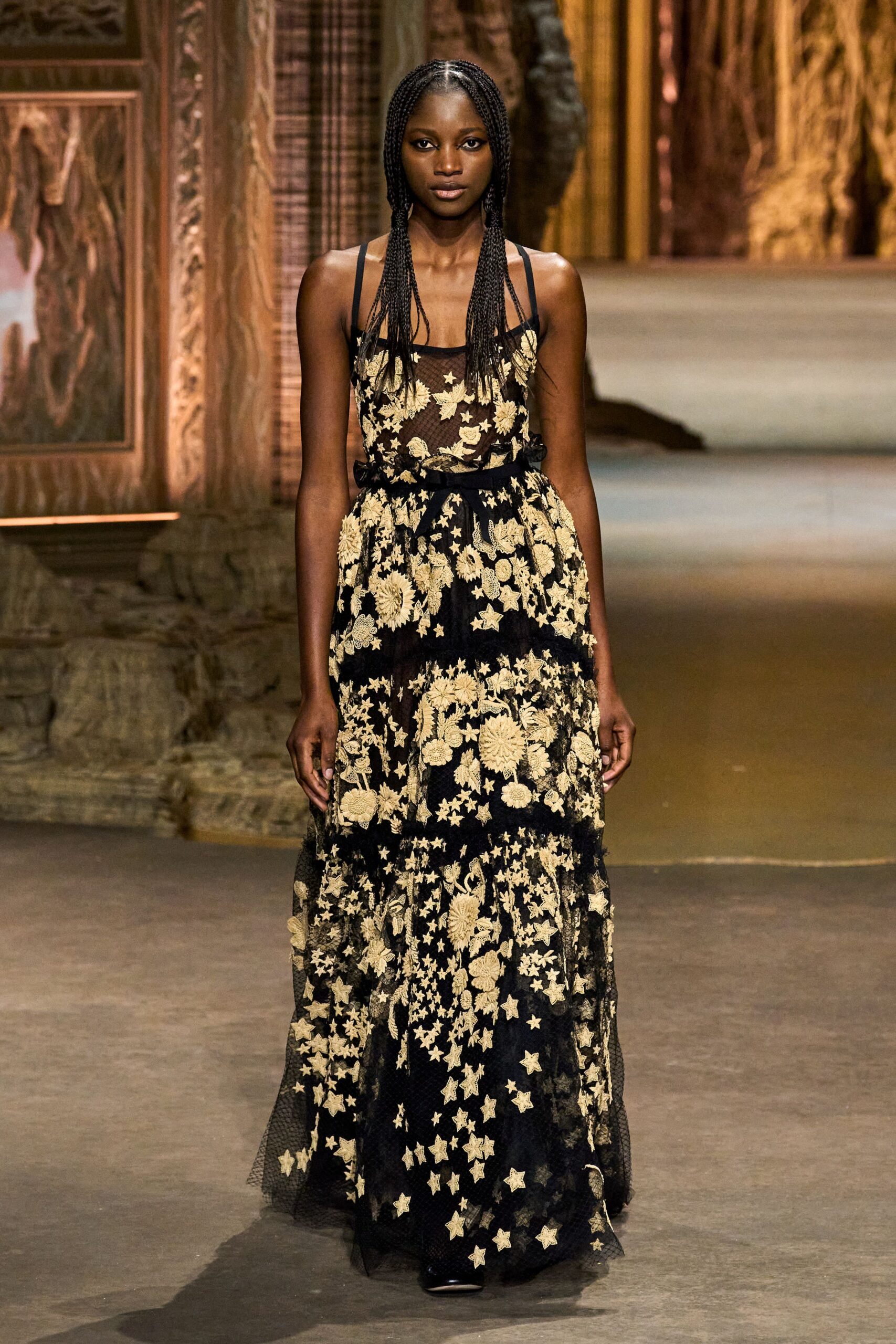 black and gold embroidered gown
