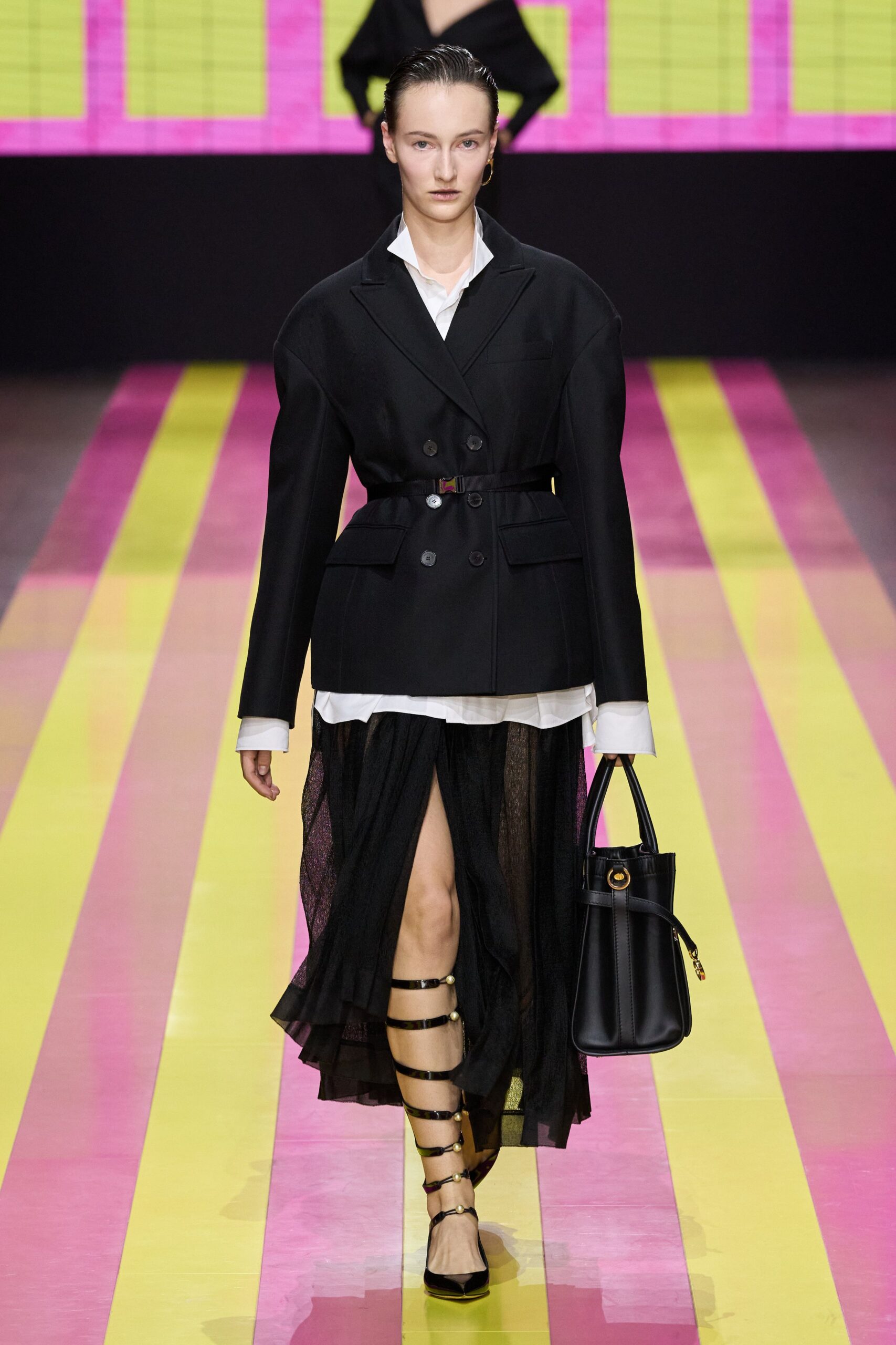 oversized black blazer with tulle skirt