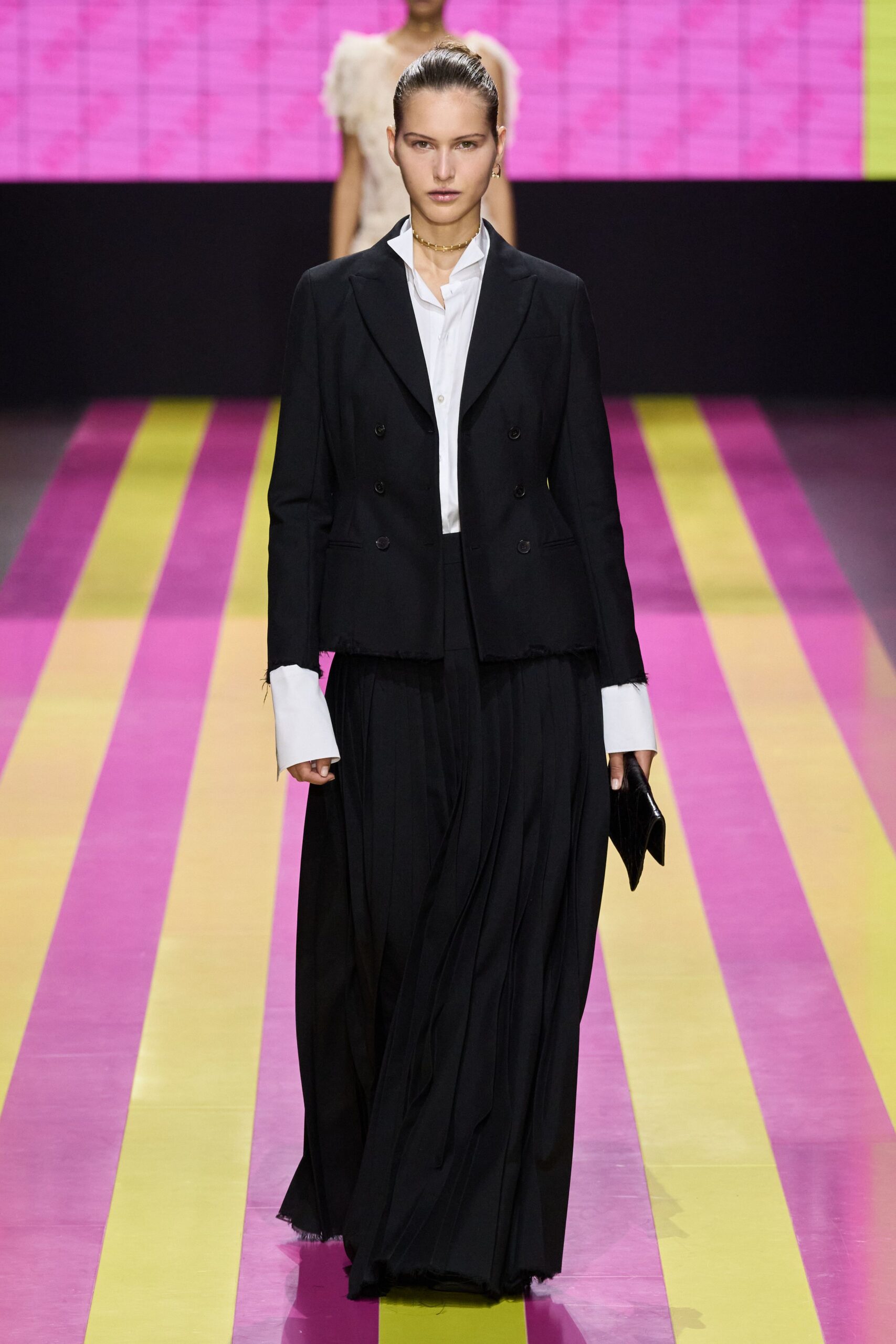 black blazer white shirt pleated skirt