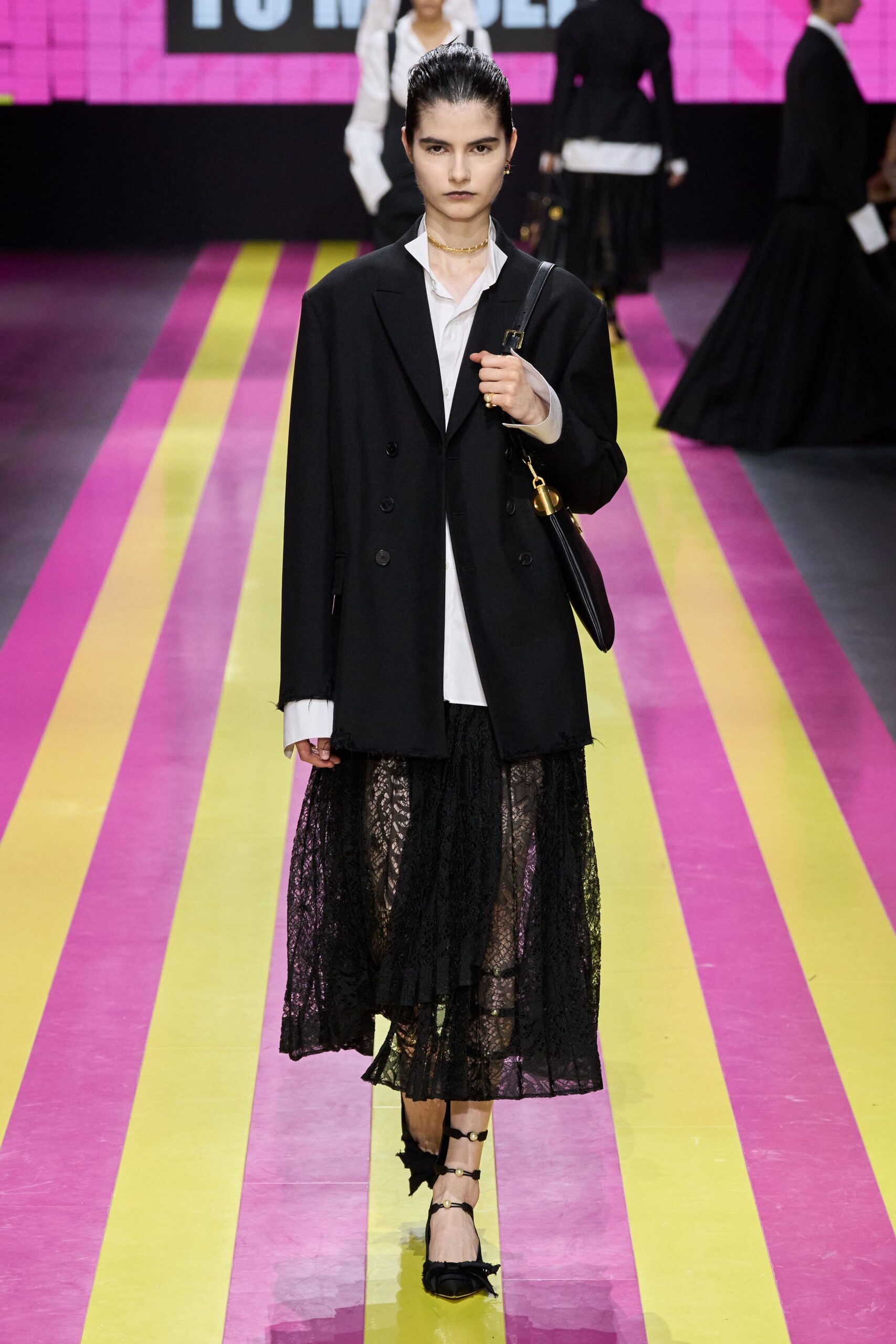 black blazer white shirt lace skirt
