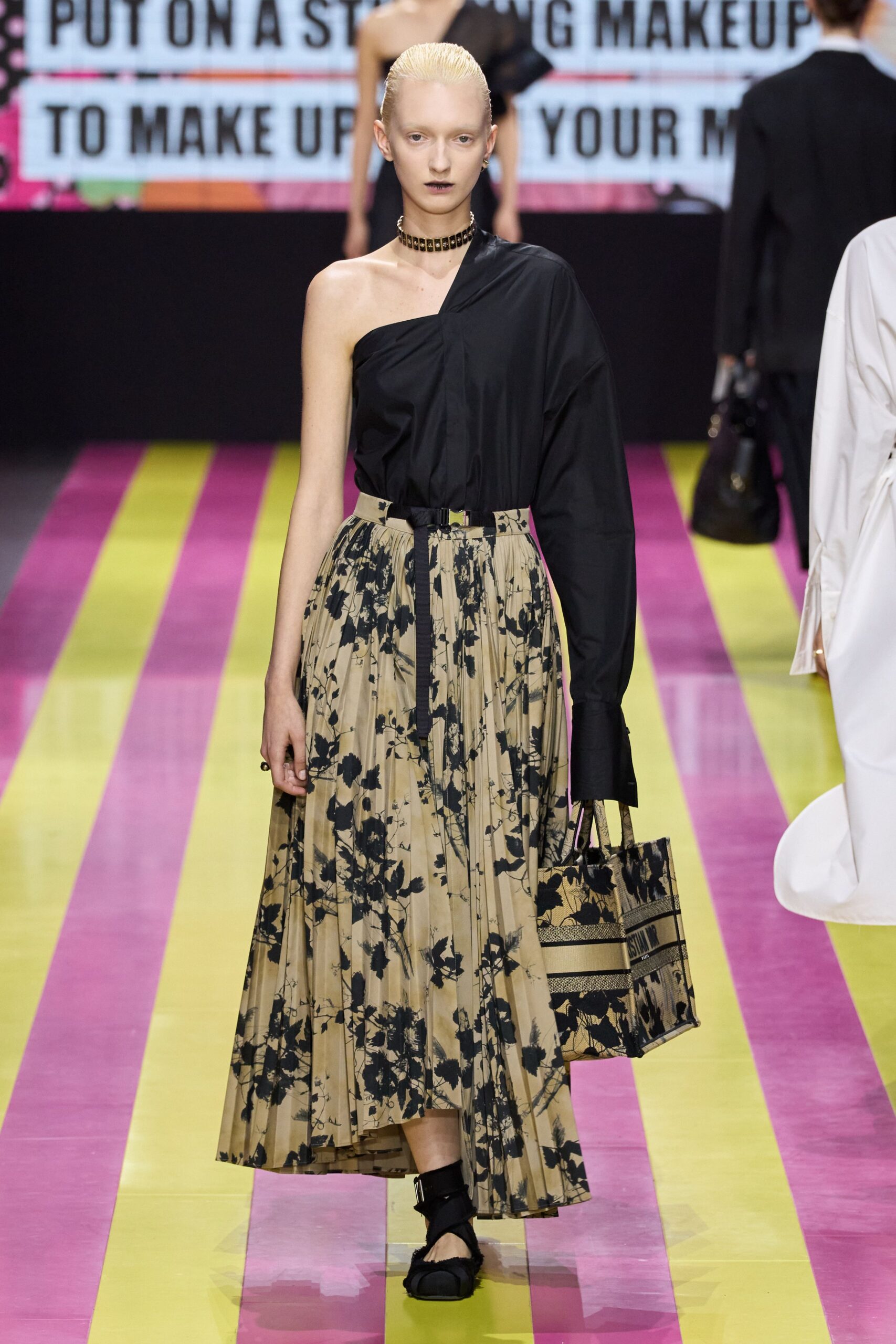 black asymmetric top beige pleated skirt