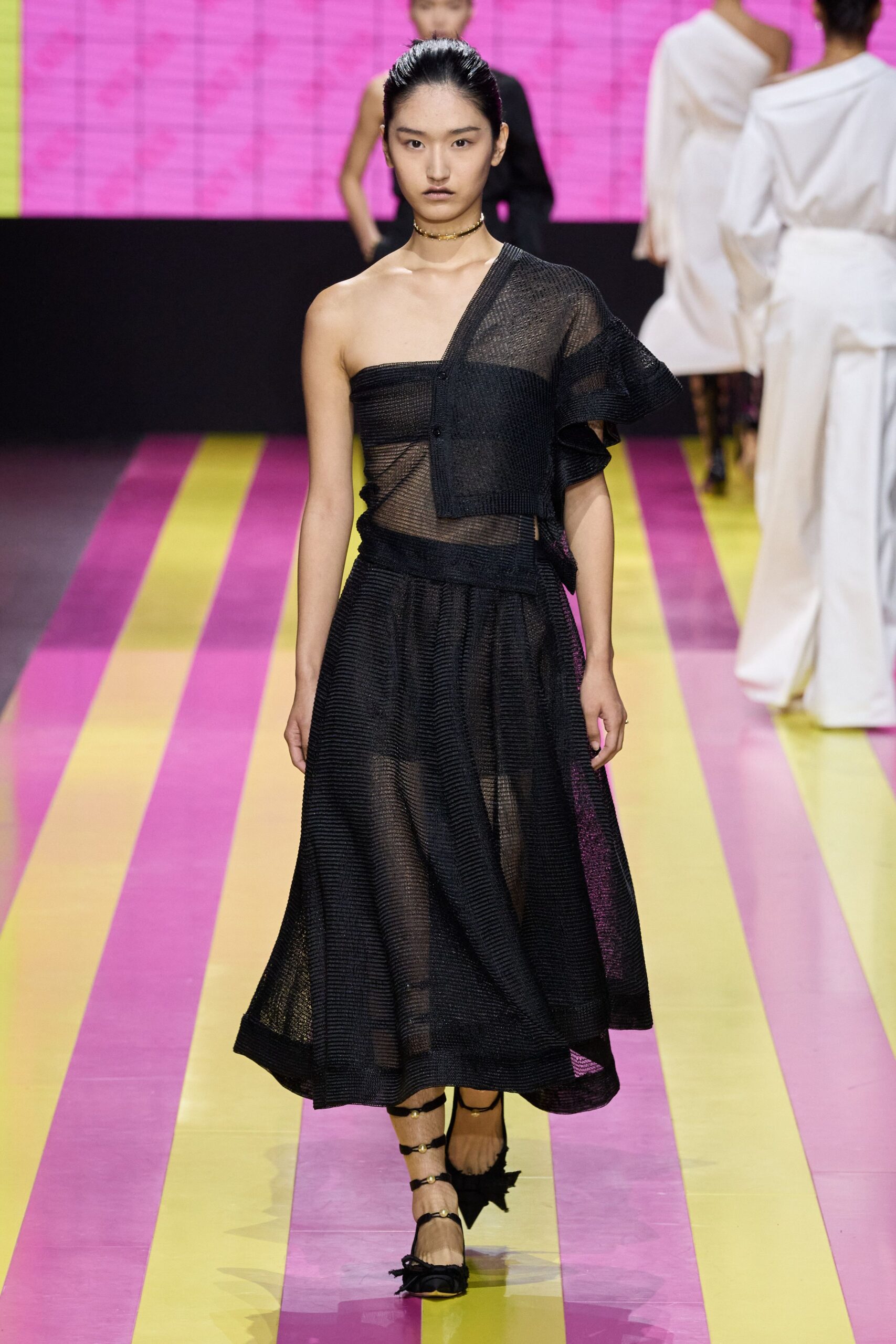 black mesh off-shoulder dress with strappy shoes