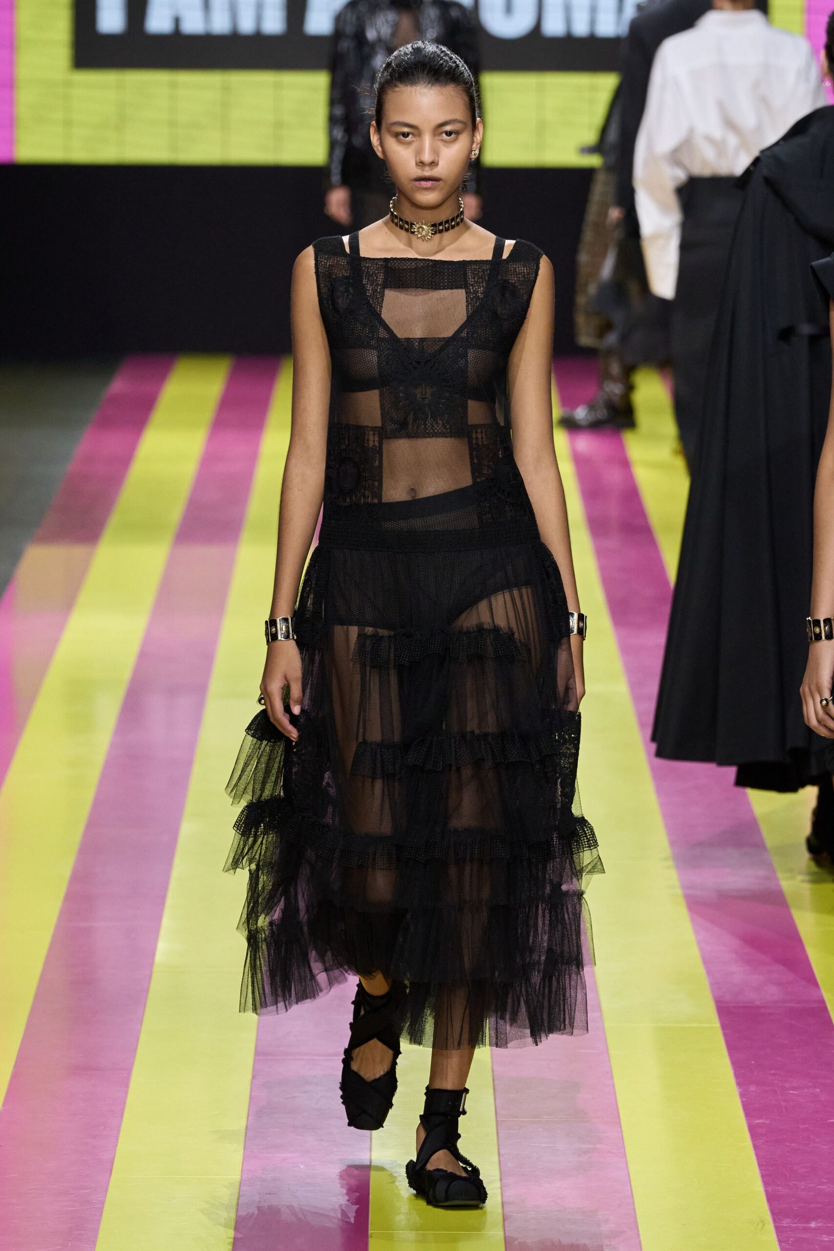 black sheer tiered dress with sandals
